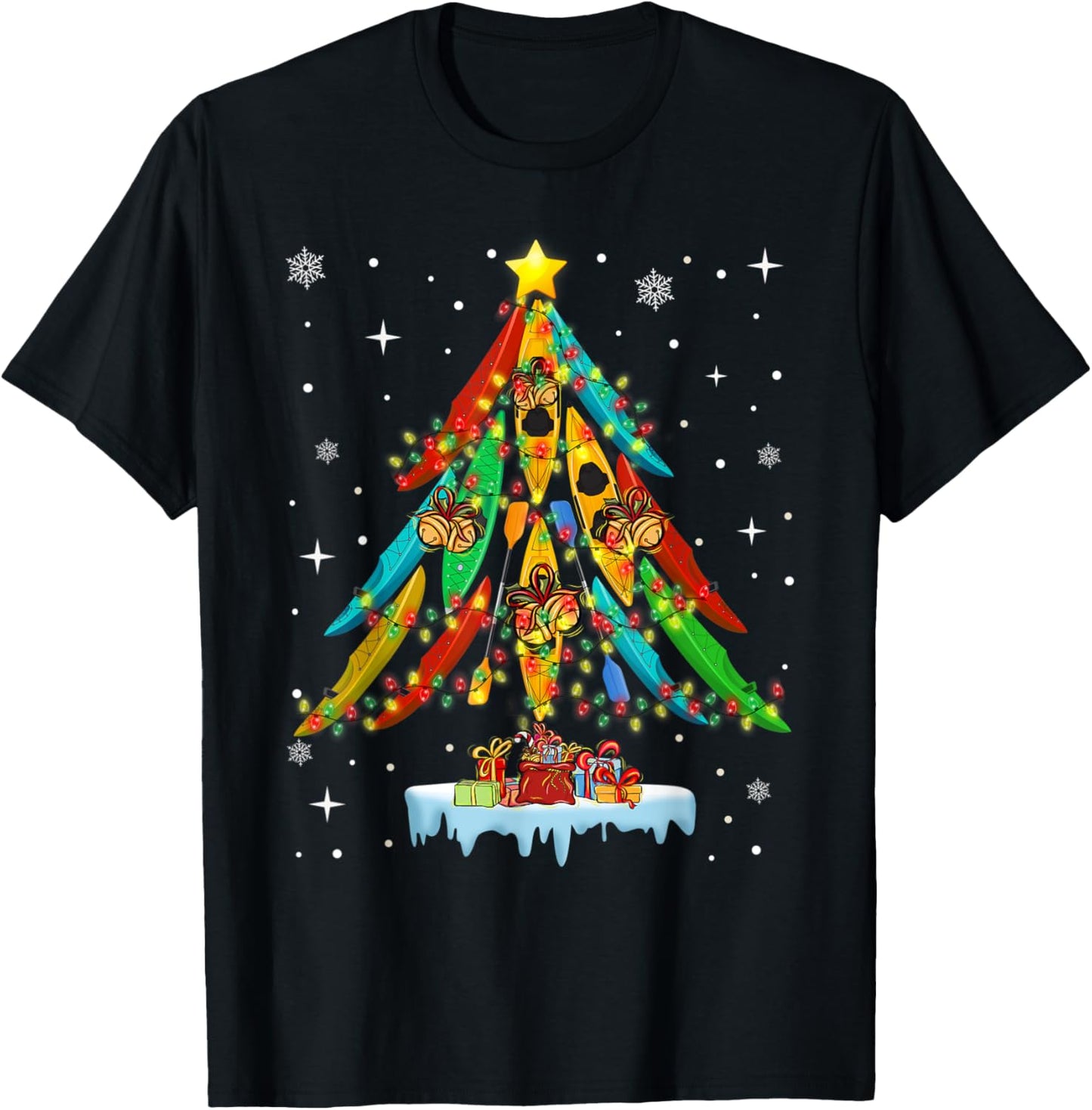 Merry Christmas Tree Kayak Kayaking T-Shirt - Unisex-Adults, Black, Small, Short Sleeve,