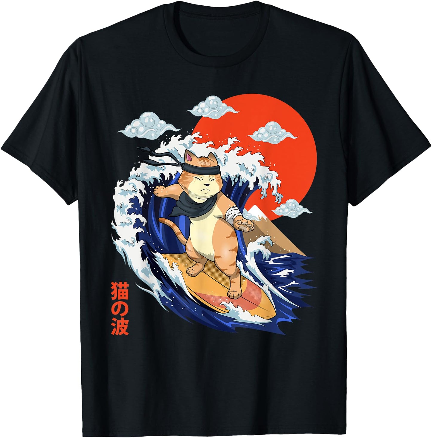 Samurai Cat Shirt Ninja Japanese Cat Surfing Kanagawa Wave T-Shirt for Men Women Girls