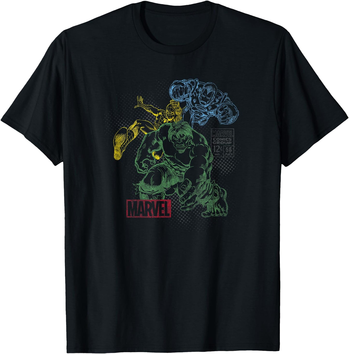 Marvel Hulk Iron Man Spider-Man Retro Overlay T-Shirt