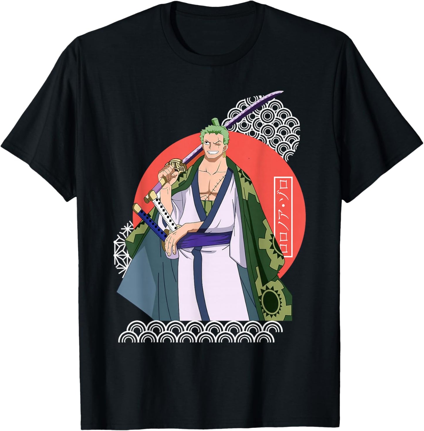 Japanese Retro Art Anime Graphic T-Shirt - Unisex, Black, Small, Long Sleeve, Regular Fit, Adult, Women, Girls, One Piece Zoro Graphic Tee