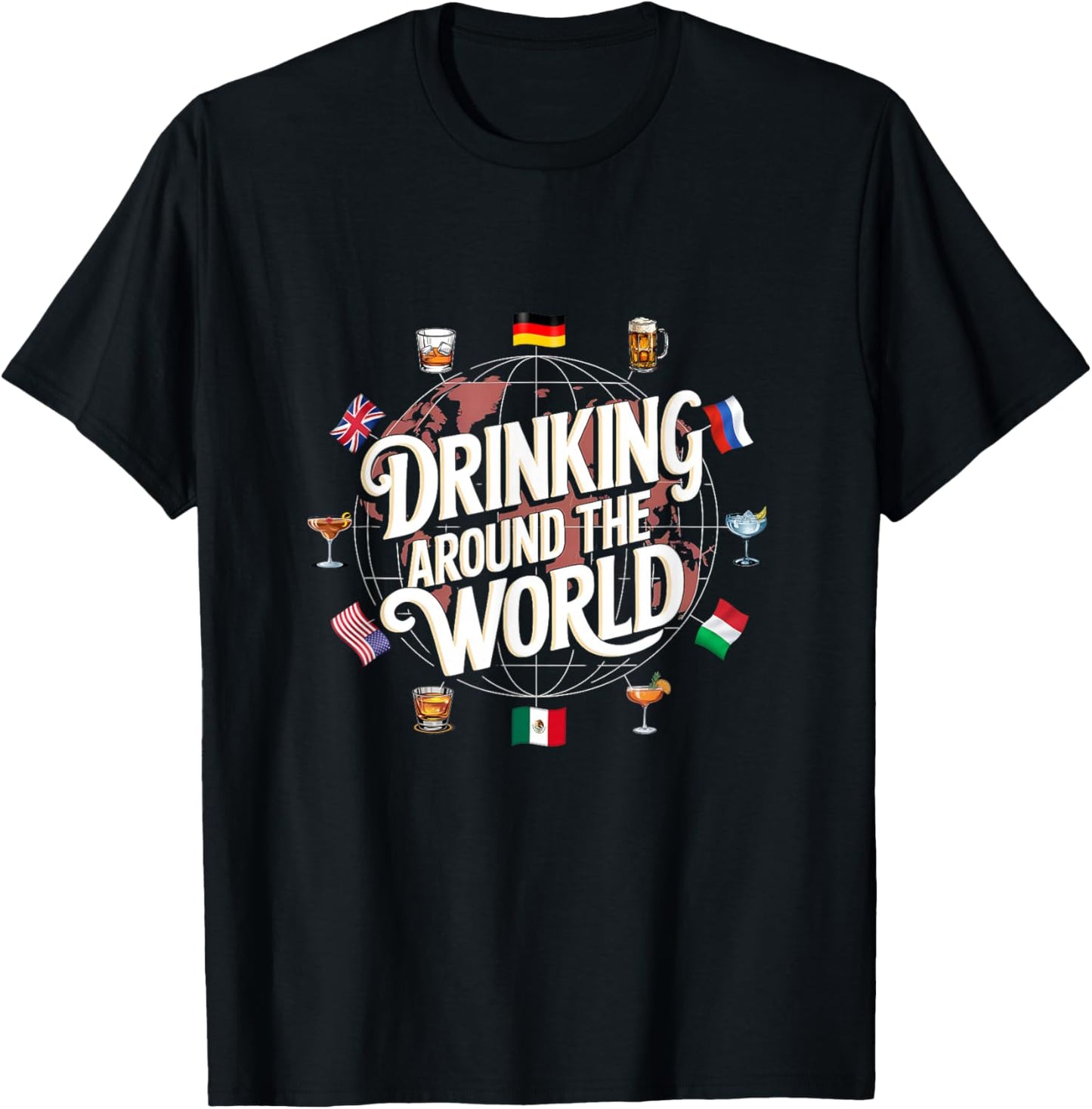 Funny Drinking Around The World Drink T-Shirt - Funny Drinking Around The World Drink - Black - Unisex-Adults - Short Sleeve - T-Shirt - Polyester 100% - Modern Cartoon Round Collar - Small