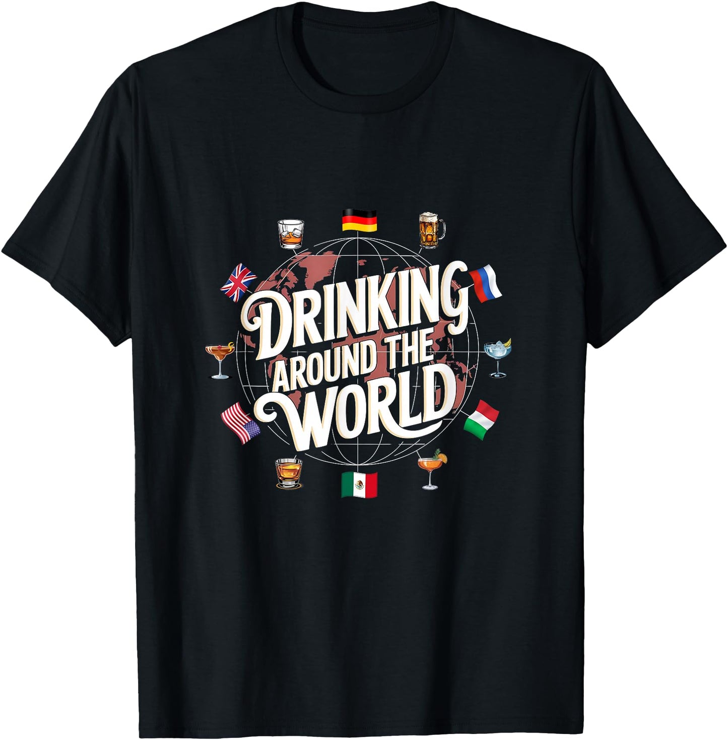 Funny Drinking Around The World Drink T-Shirt - Funny Drinking Around The World Drink - Black - Unisex-Adults - Short Sleeve - T-Shirt - Polyester 100% - Modern Cartoon Round Collar - Small