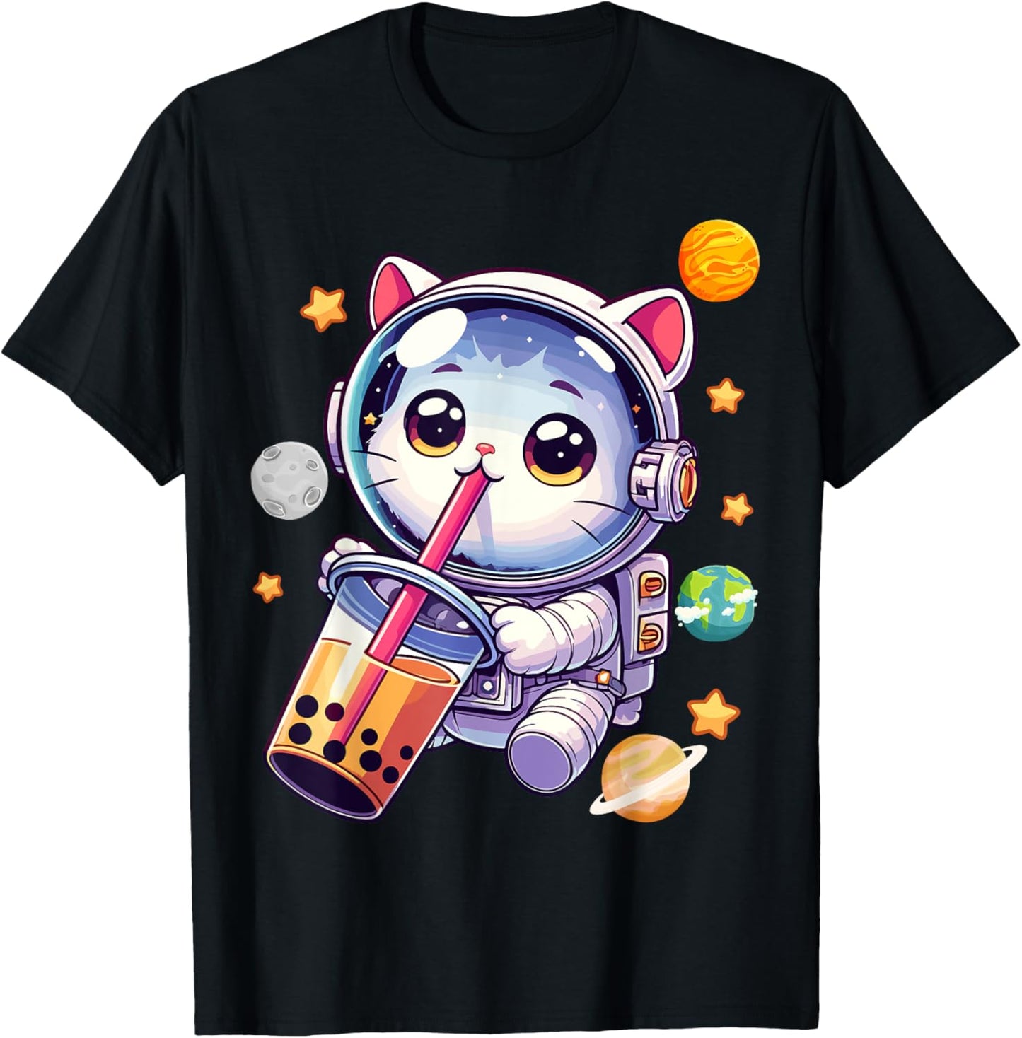 Space Cat Astronaut Boba Tea Boba Cat Galaxy Cute Anime T-Shirt for Men Women Kids