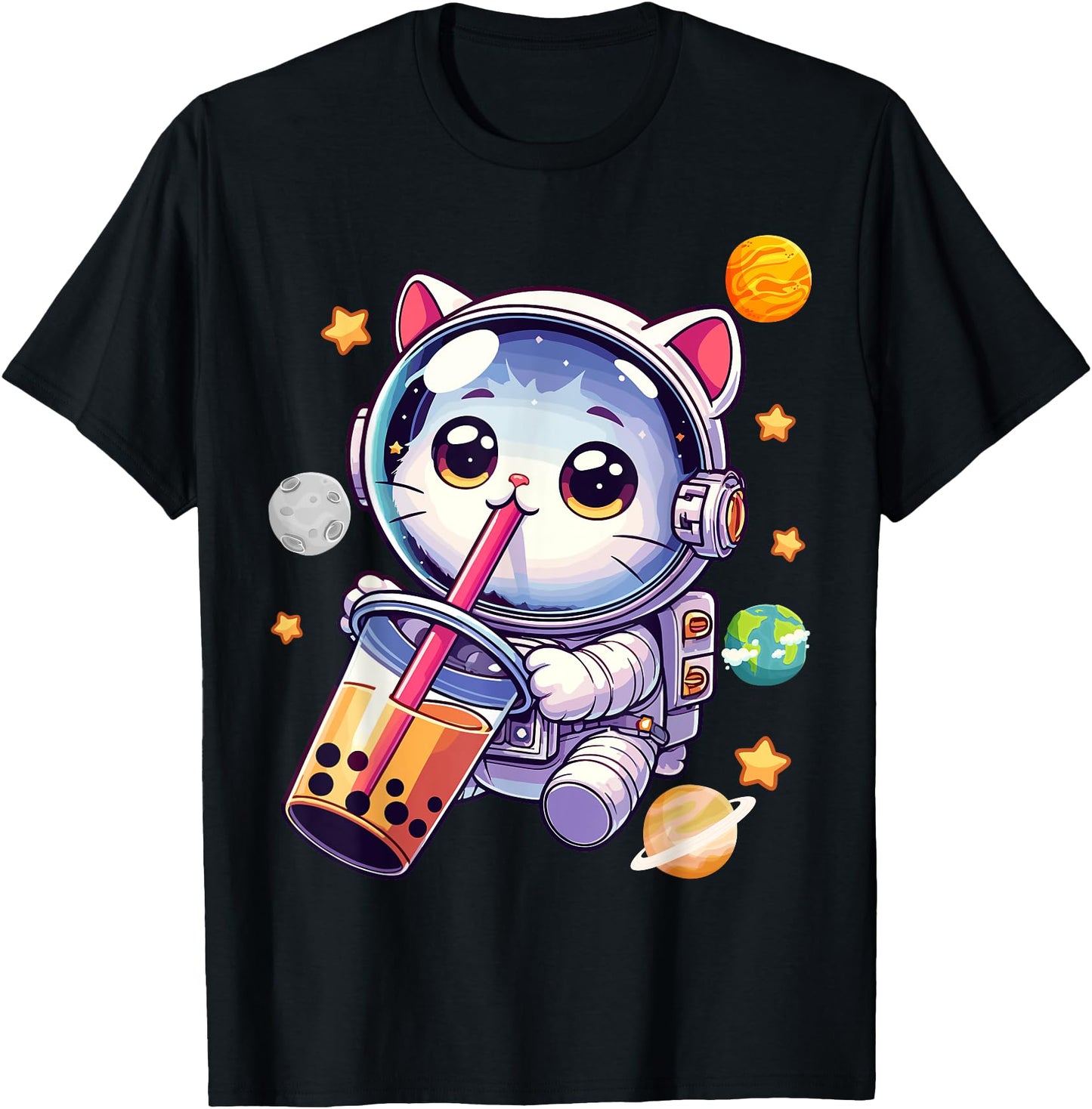 Space Cat Astronaut Boba Tea Boba Cat Galaxy Cute Anime T-Shirt for Men Women