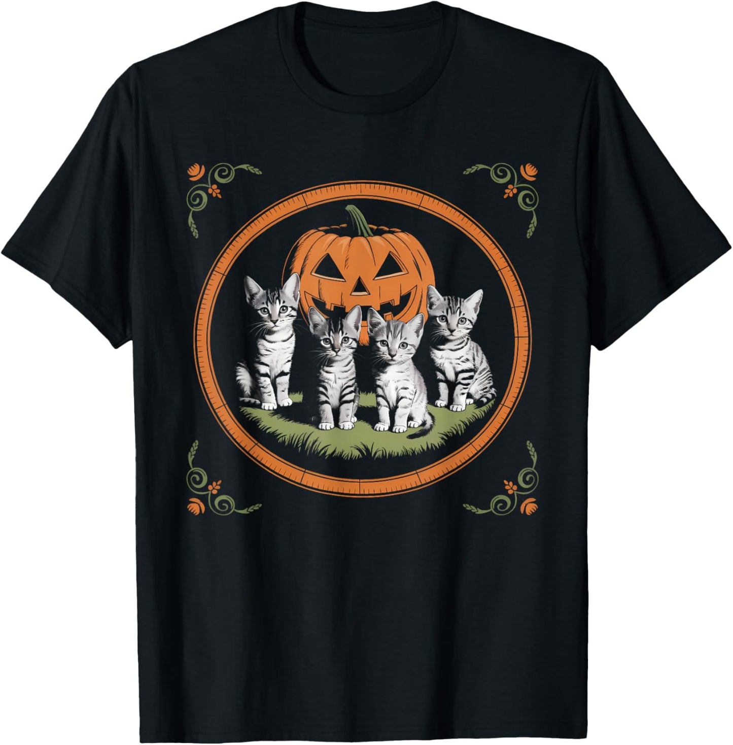 Cat Pumpkin Vintage Halloween Floral Spooky Season Men Women T-Shirt