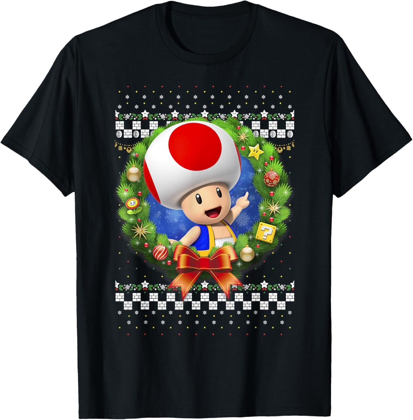 Super Mario 3D Toad Christmas Wreath Graphic T-Shirt