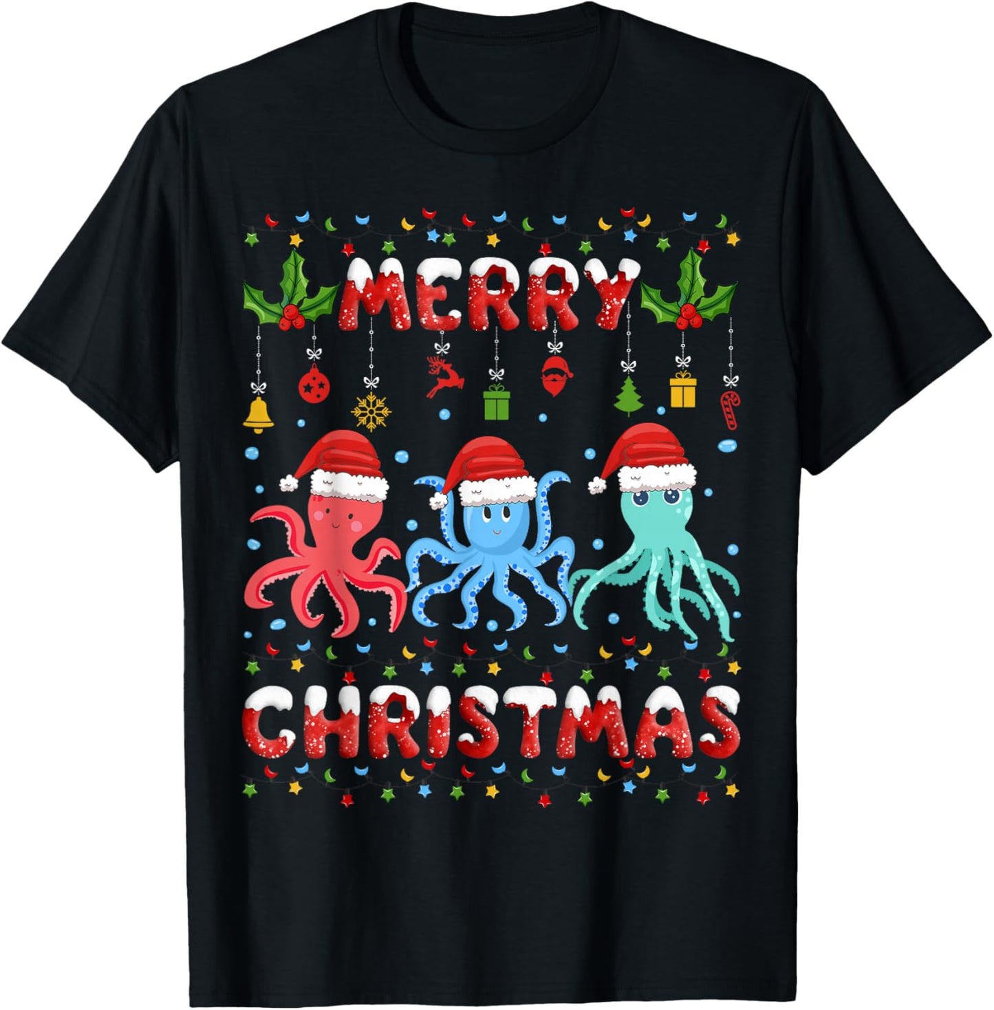 Christmas Octopus shirt Santa Hat Lights Xmas Funny
