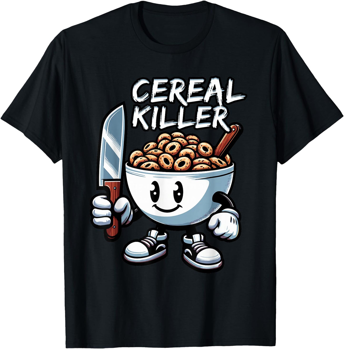 Hilarious Cereal Killer Breakfast Cereal Unisex-Adults T-Shirt, Black, Small, Short Sleeve, Crew Neck, Classic, Cartoon Killer Graphic Design