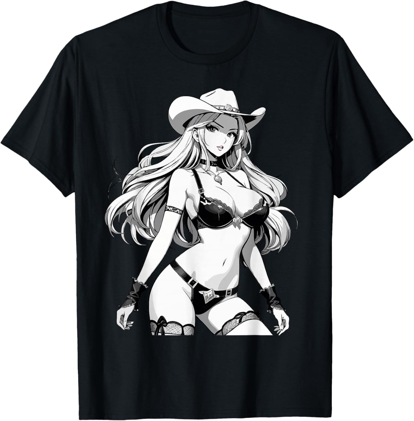 Sexy Waifu Anime Cowgirl Japanese in Black and White Art