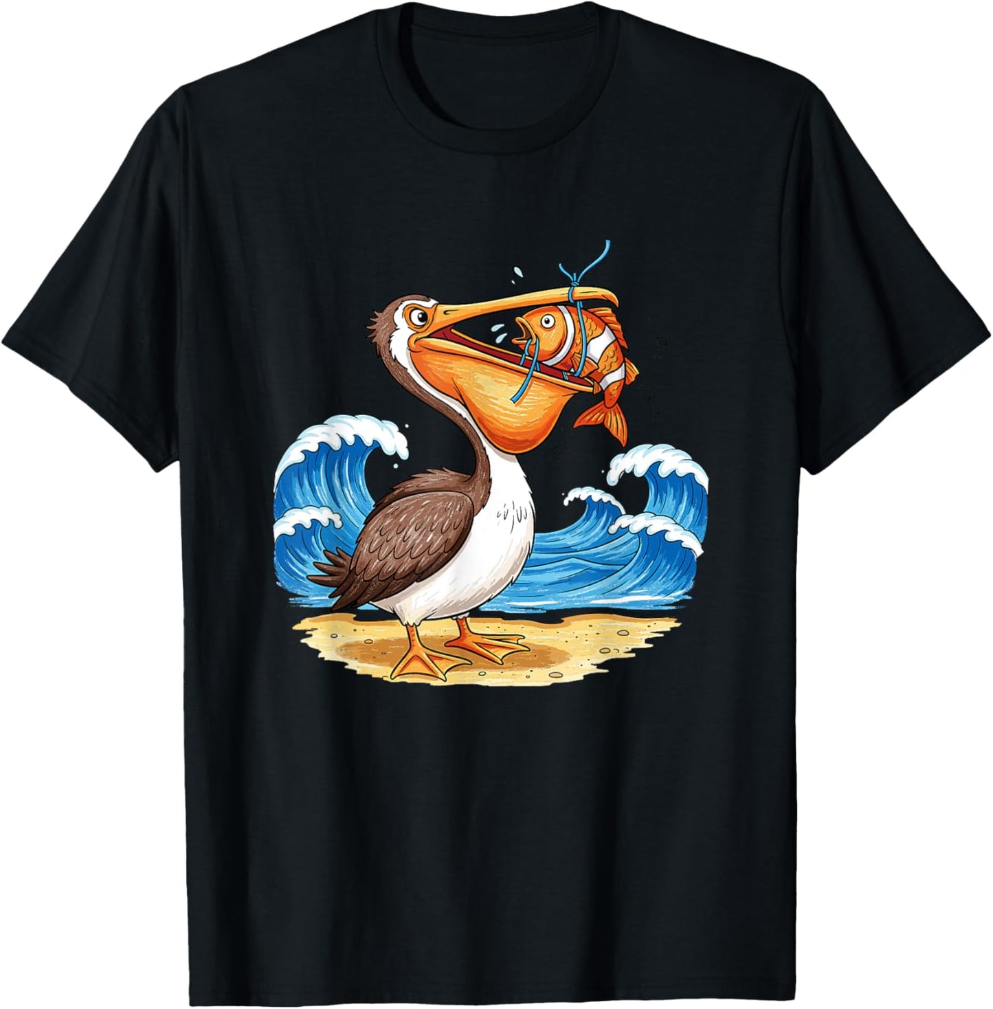 Pelican Catching Fish Beach Waves Scene