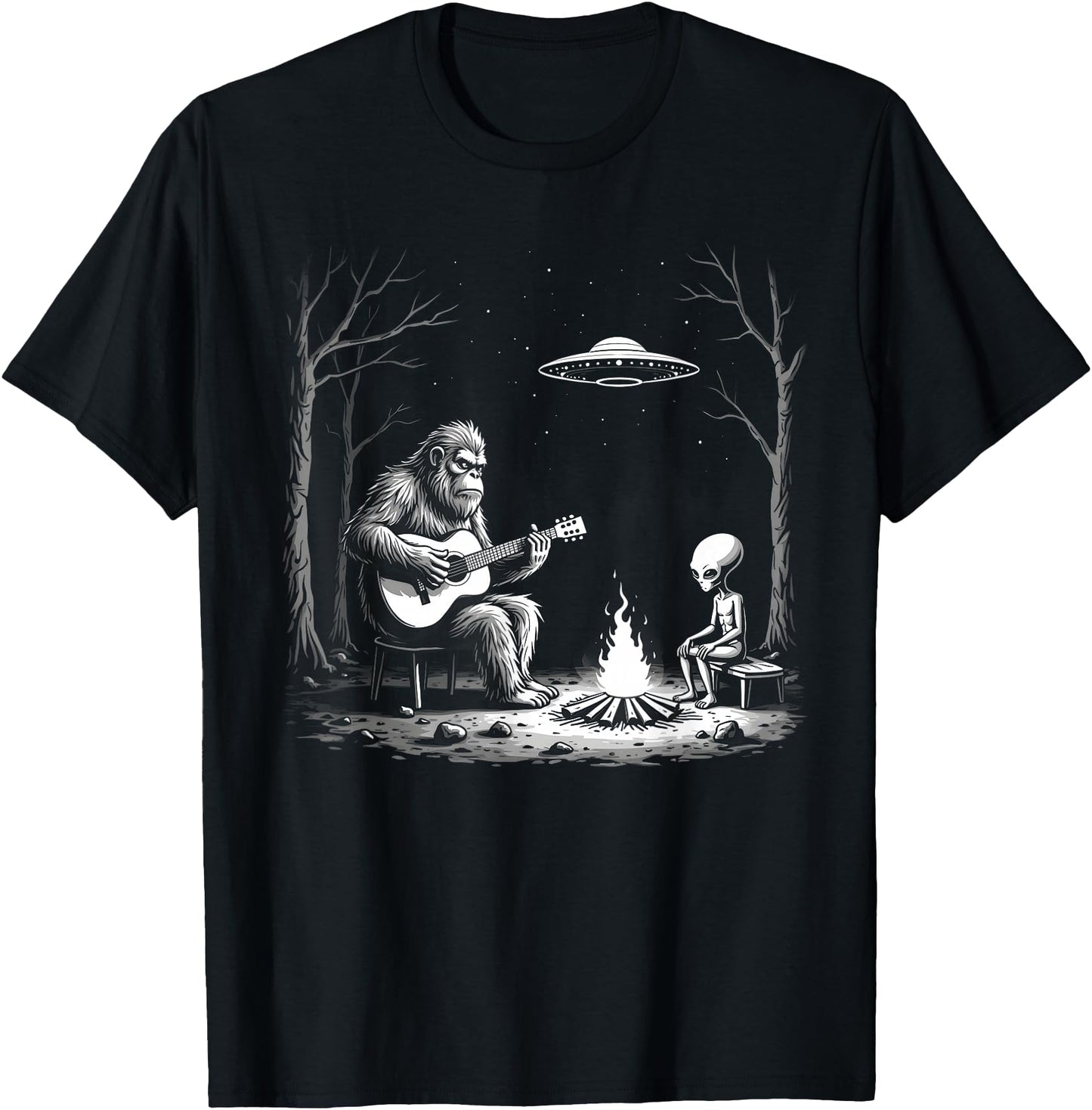 Bigfoot Guitar Tee Campfire Alien Ufo Camping Sasquatch