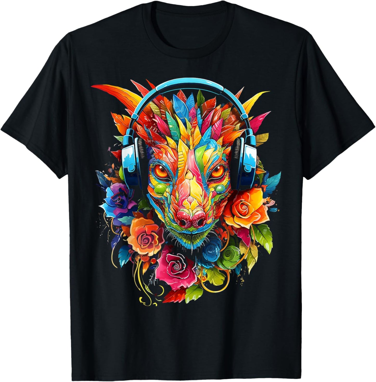 Dragon Headphones Art Colorful Flowers Graphic Anime