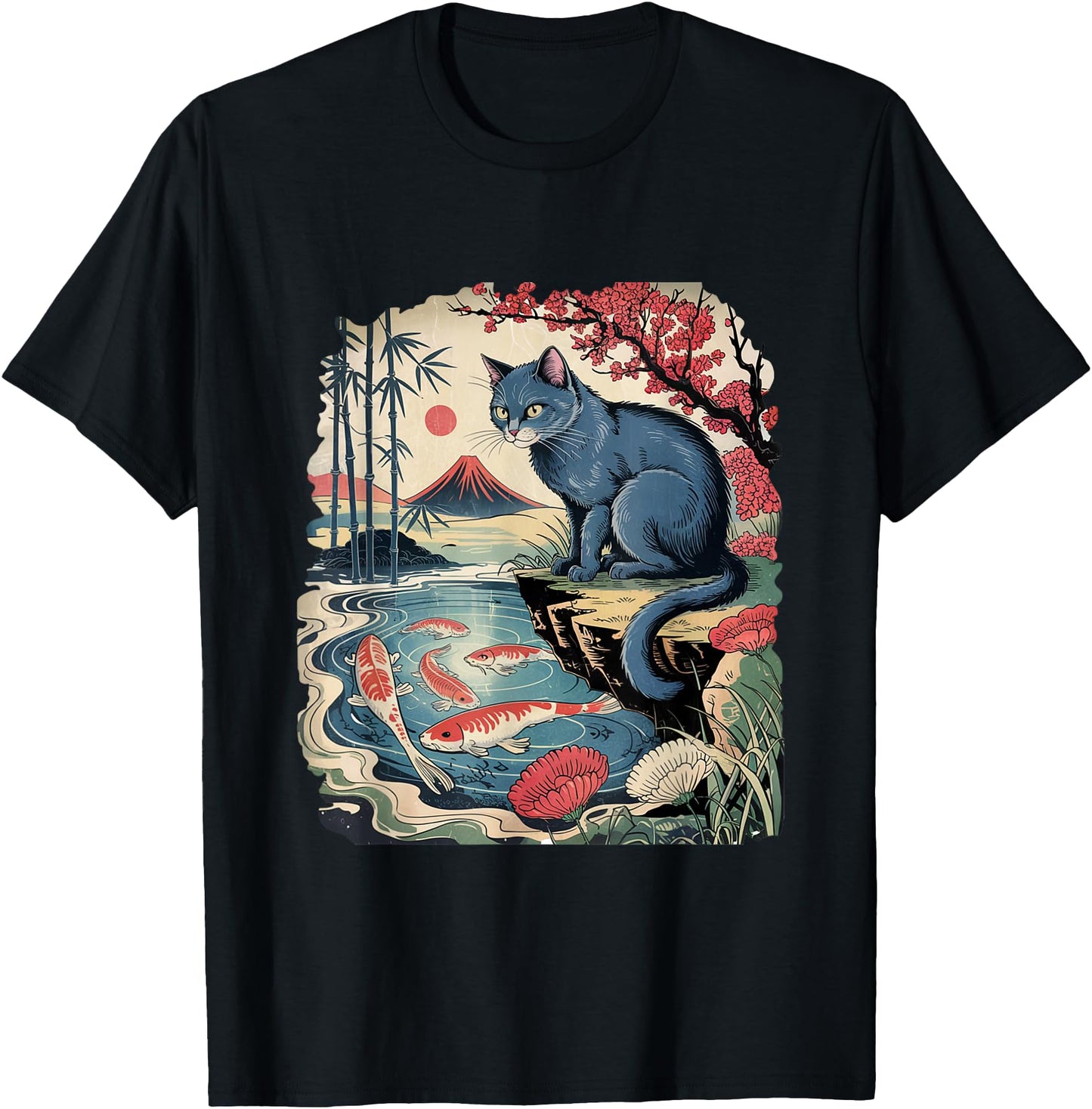 Russian Blue Cat Koi Fish Pond Japanese Ukiyo-e Woodblock
