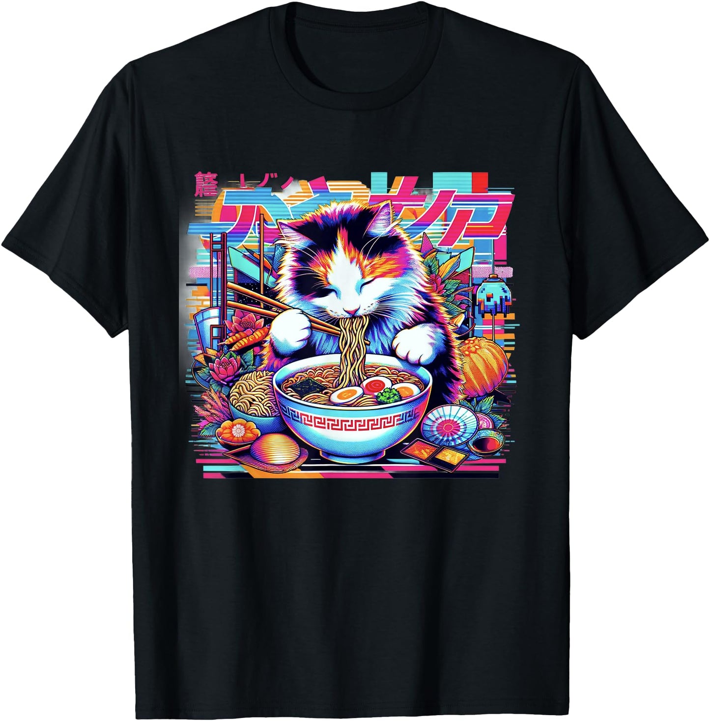 Vaporwave Japanese Glitch Art Cat Eating Ramen