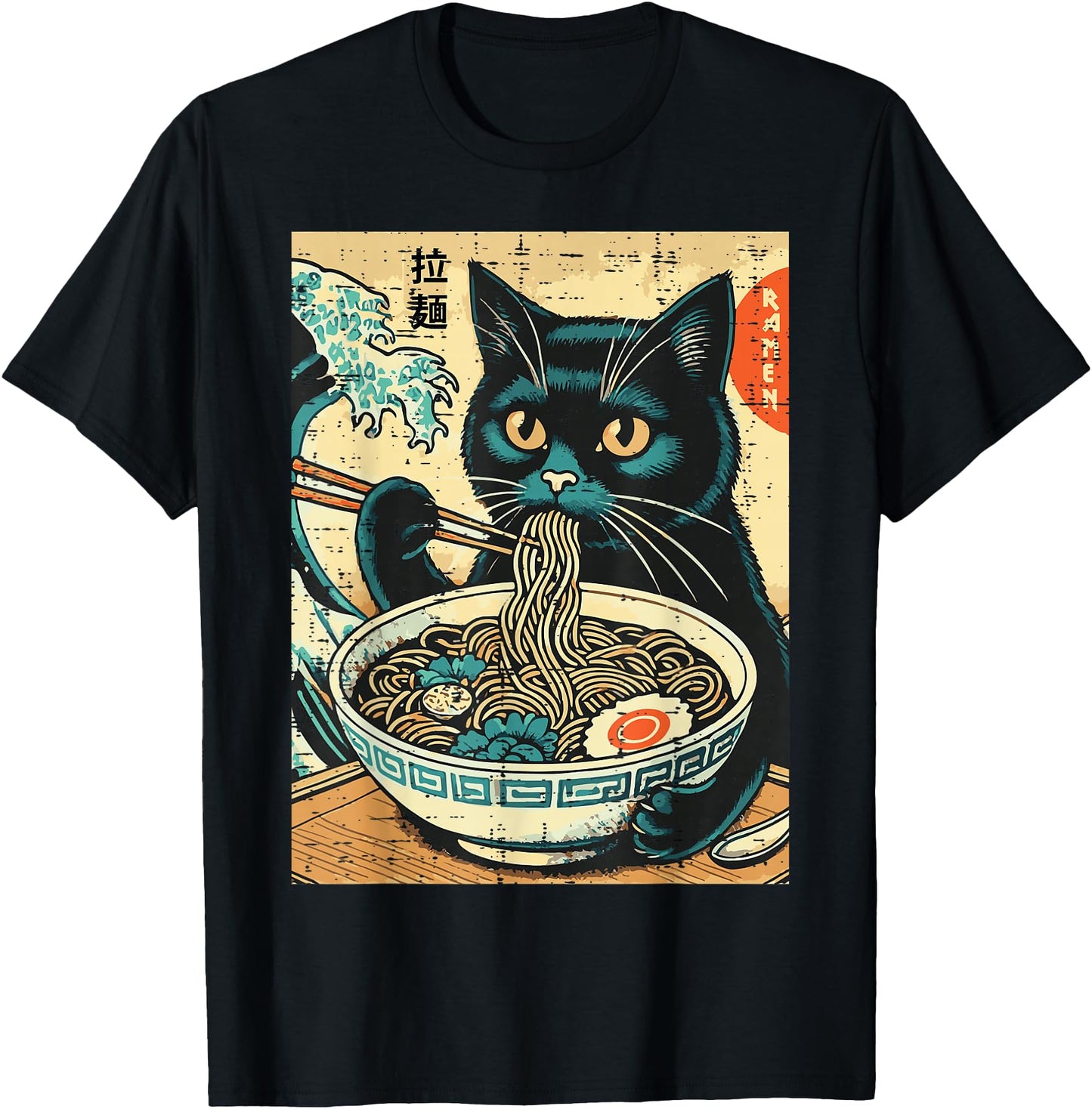 Japanese Cat Ramen Great Wave Vintage Art Food Men Women Kid