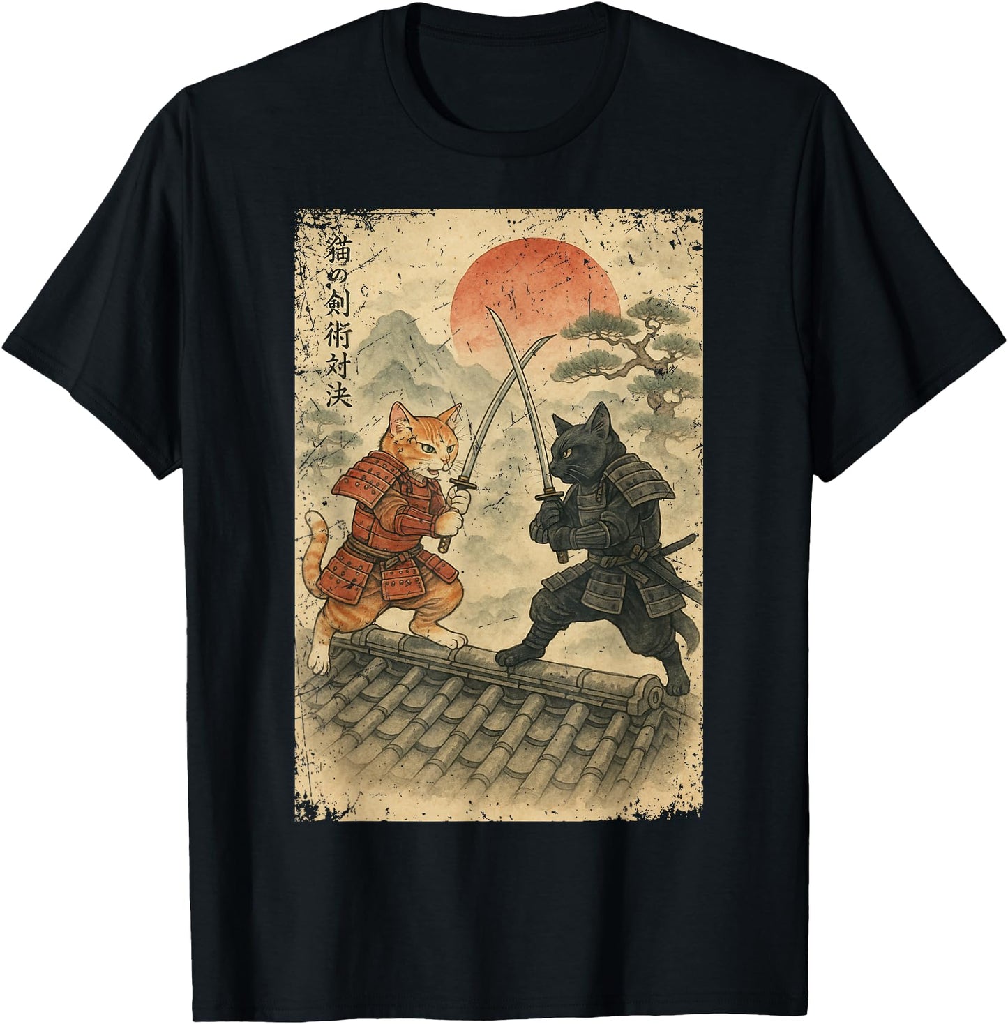 Samurai Cats Fighting Vintage Japanese Ukiyo-e Funny Cat T-Shirt for Men Women