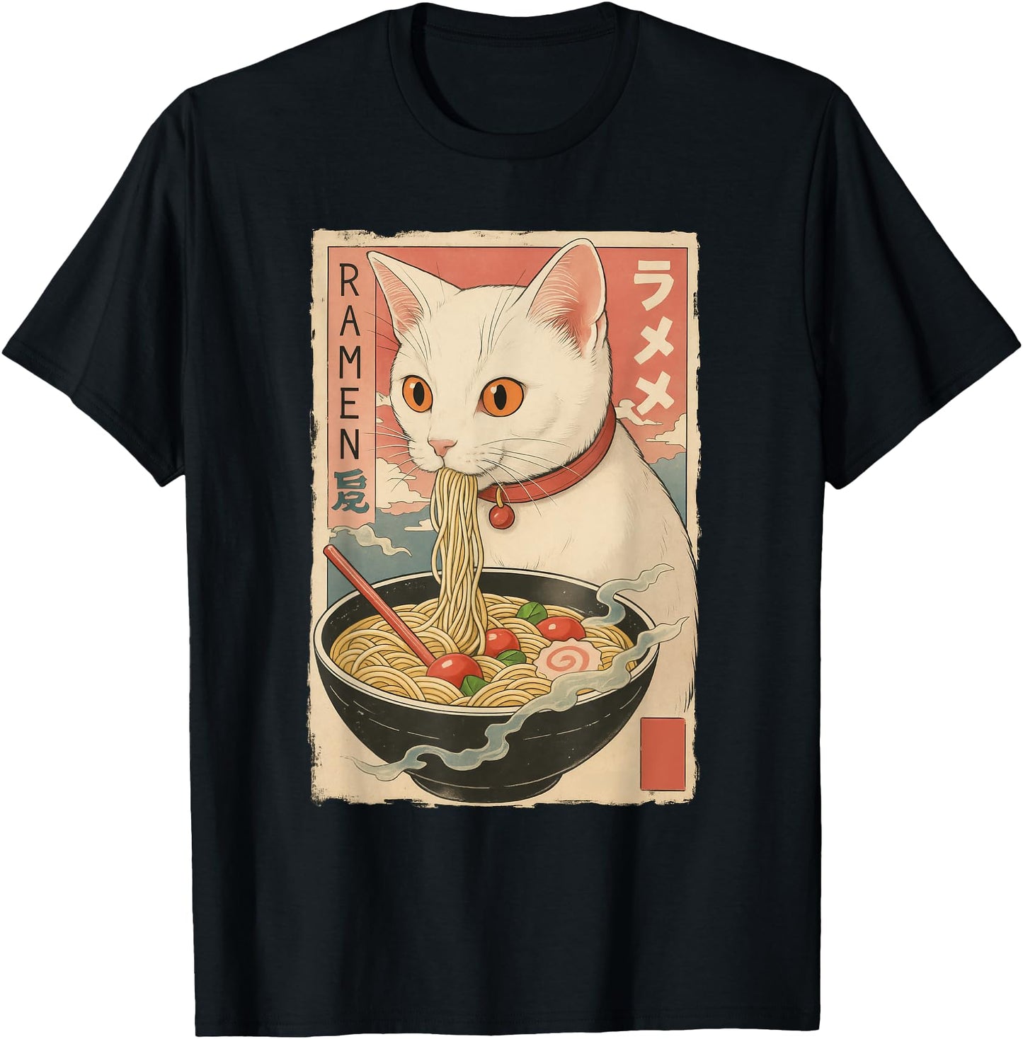 Kawaii White Cat Eating Ramen Noodles Japanese