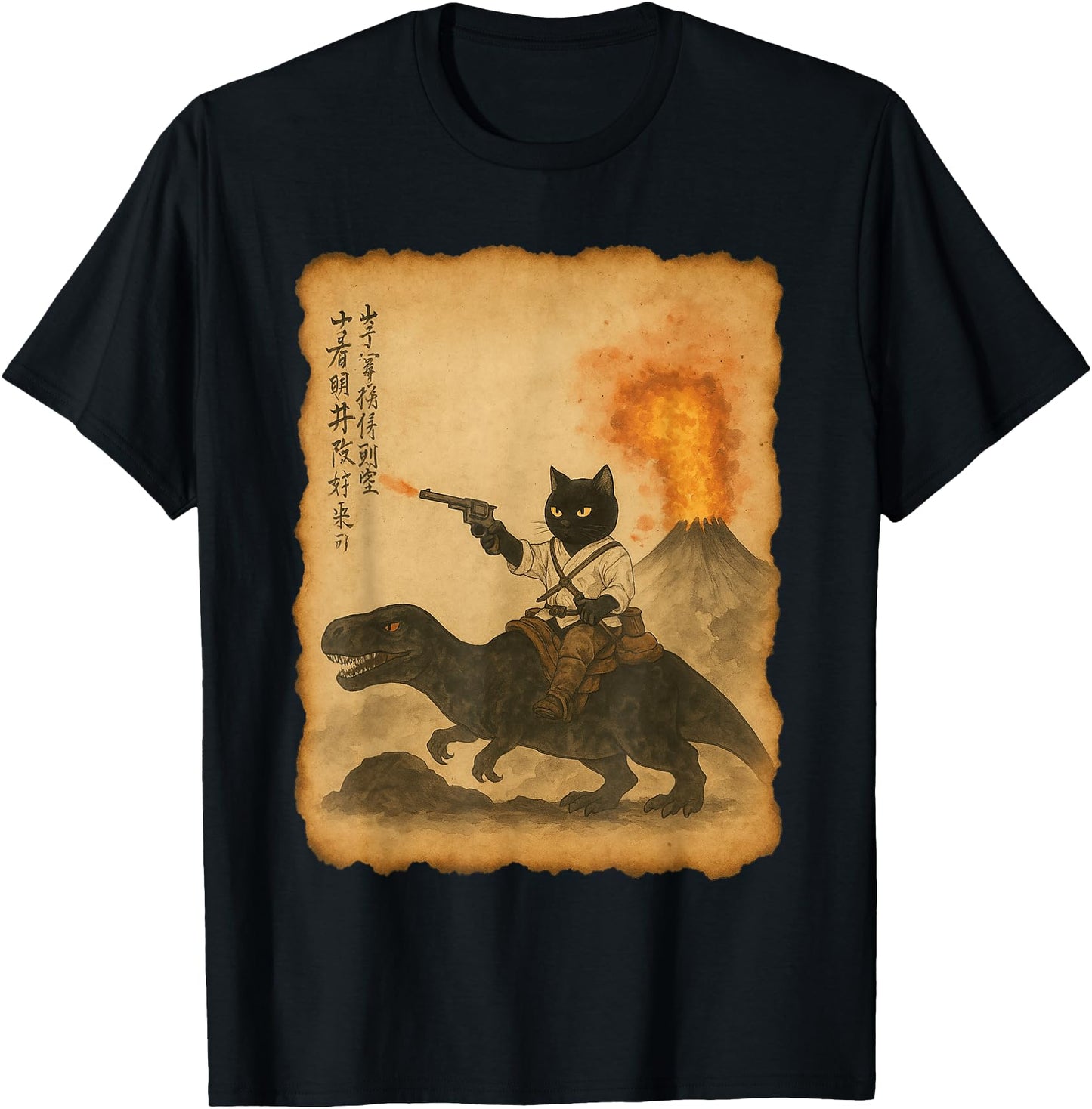 black cat samurai riding dinosaur volcanic eruption art