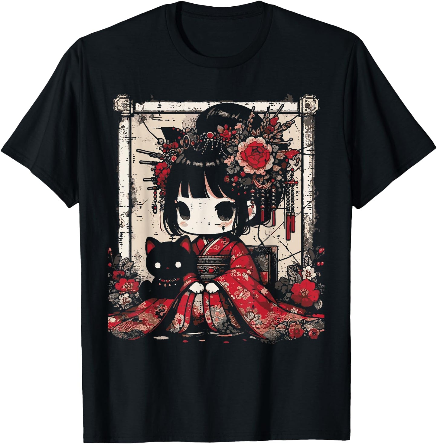Chibi Kimono Girl Black Cat Flowers Japanese Art Women