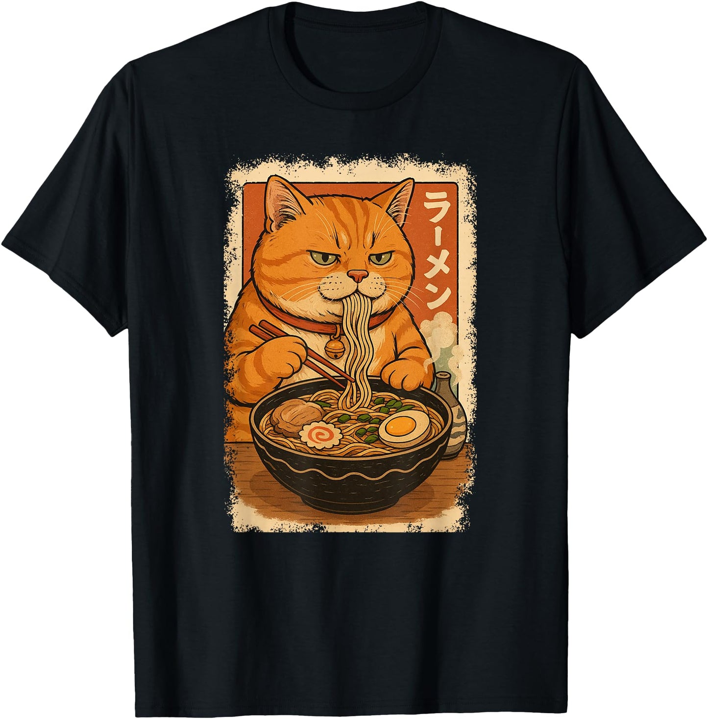 Orange Tabby Cat Eats Ramen Noodles Japanese Vintage