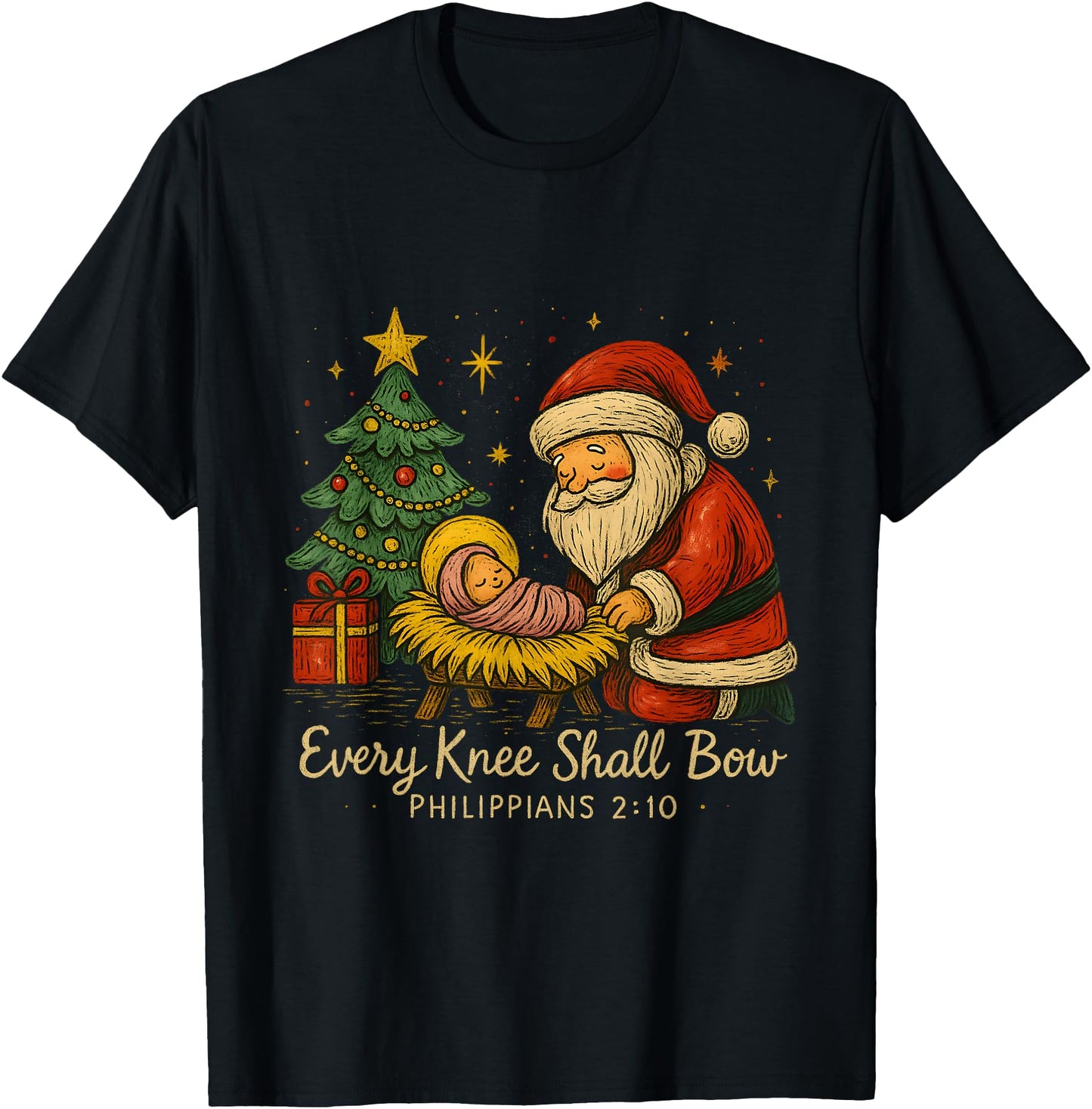 Santa Kneels at Manger Every Knee Shall Bow Verse