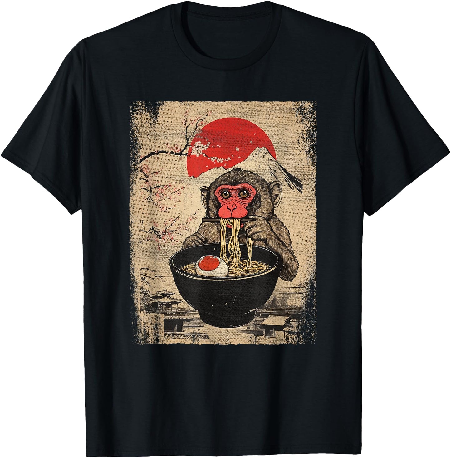 Japanese Woodblock Graphic Macaque Eating Ramen Monkey Lover