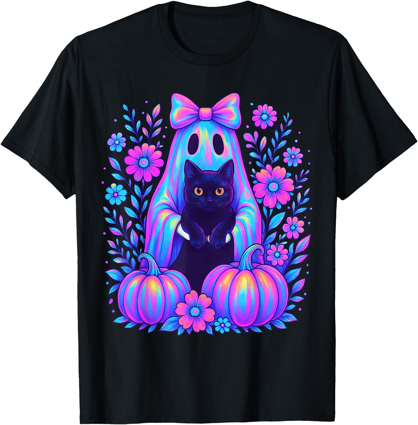Colorful Halloween Ghost Holding Black Cat Bow Spooky Women