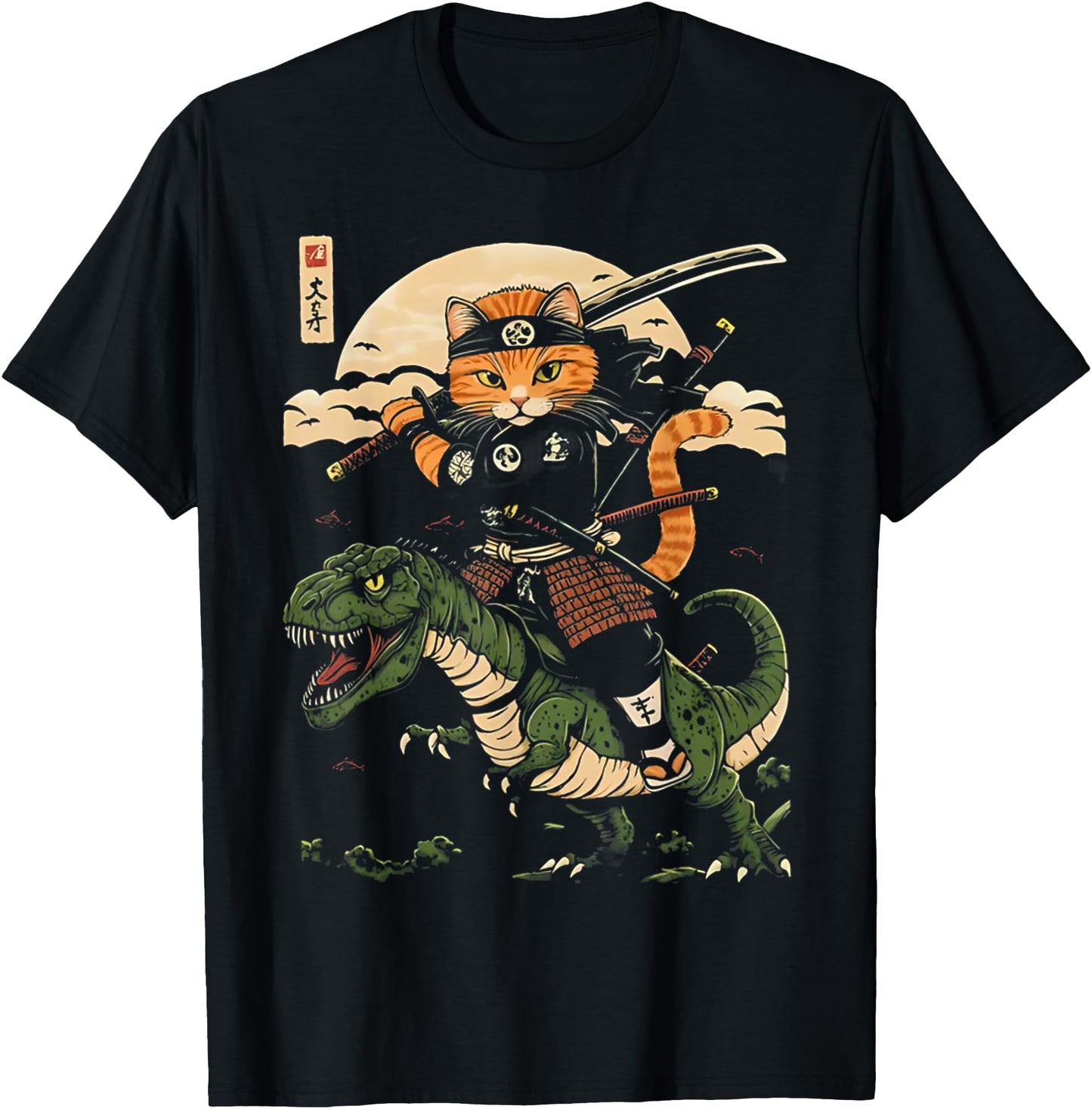 Samurai Cat Riding Dinosaur Vintage Warrior Japanese Art Tee
