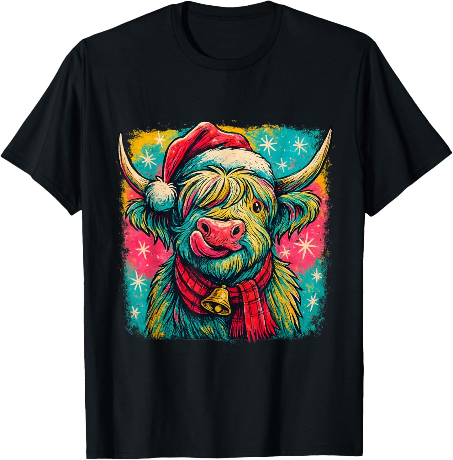 Colorful Highland Cow Christmas Plaid Bell Holiday Art