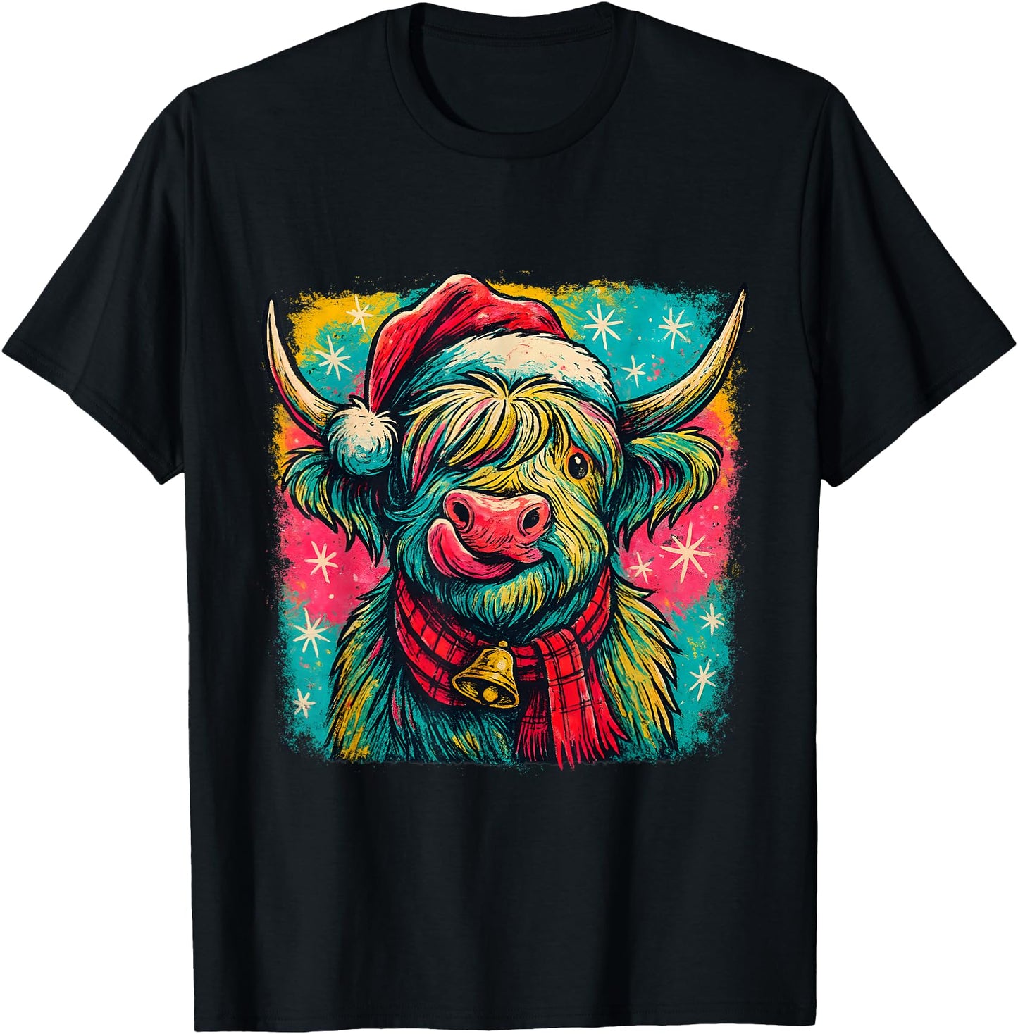 Colorful Highland Cow Christmas Plaid Bell Holiday Art