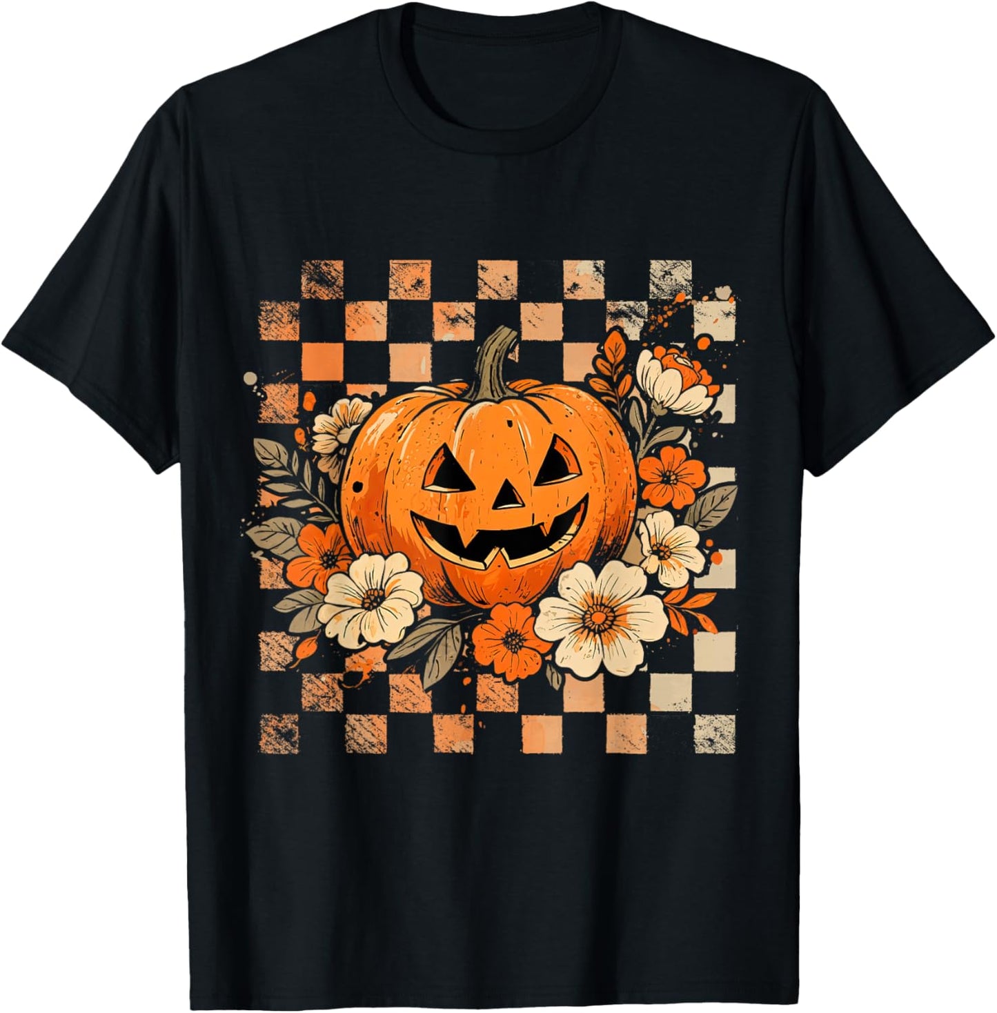 Checkered Halloween Pumpkin Floral Spooky Season Scary Face T-Shirt