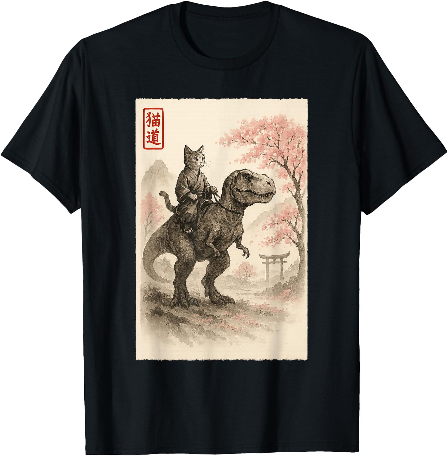 Funny Sumi-e Kawaii Cat Riding Dinosaur Japanese Art