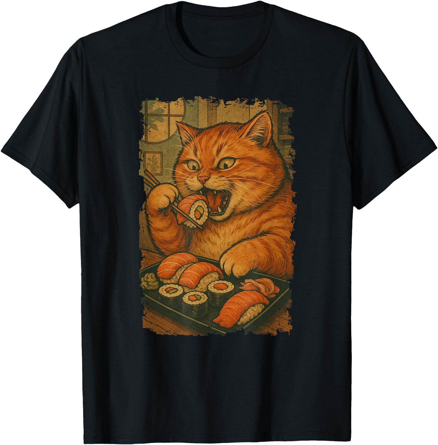 Orange Tabby Cat Eats Sushi Japanese Vintage