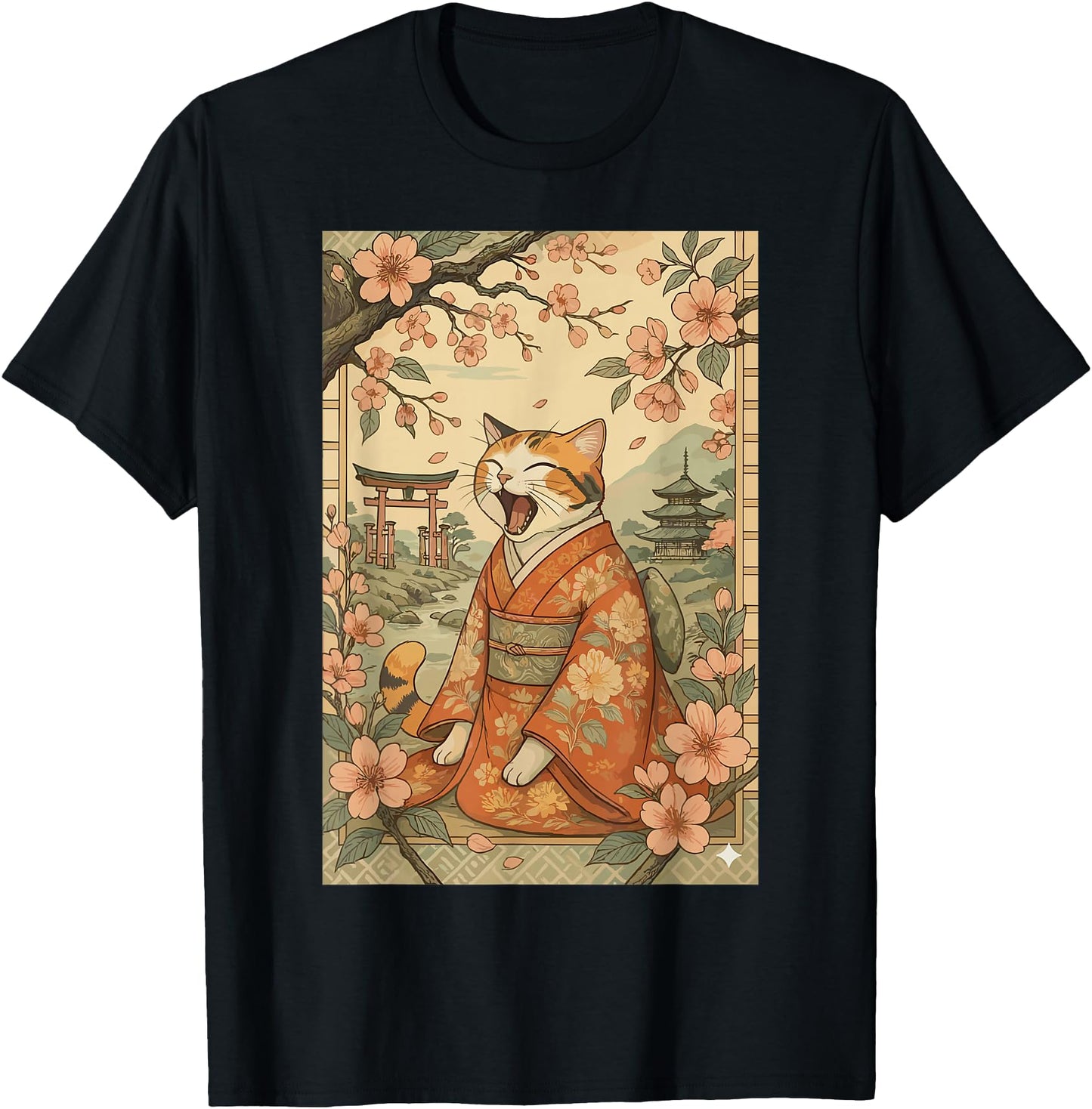 Funny Cat Shirt in Kimono Cherry Blossom Japanese Art