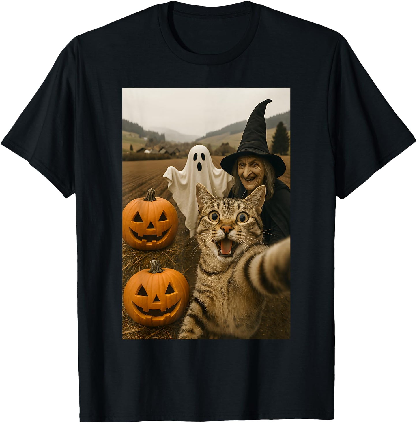 Funny Halloween Cat Selfie with Ghost Boo Witch Pumpkin