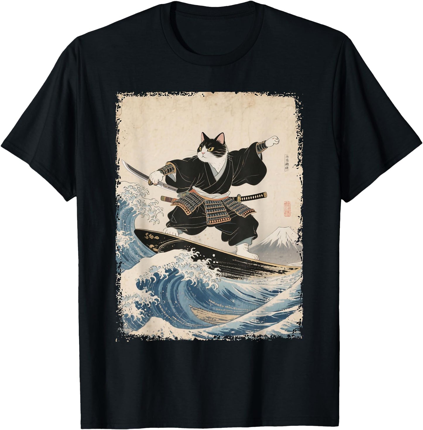 Samurai Cat Surfing Wave Art Japanese Ukiyo-e Art