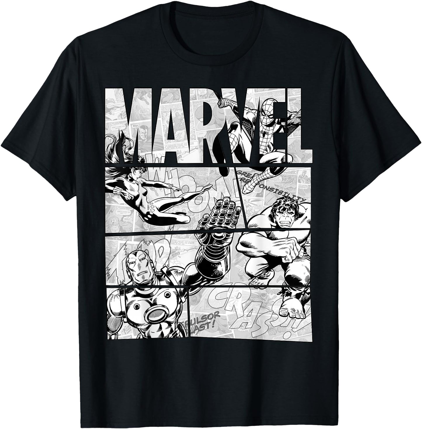 Marvel Avengers Retro Black and White Comic Graphic Short Sleeve