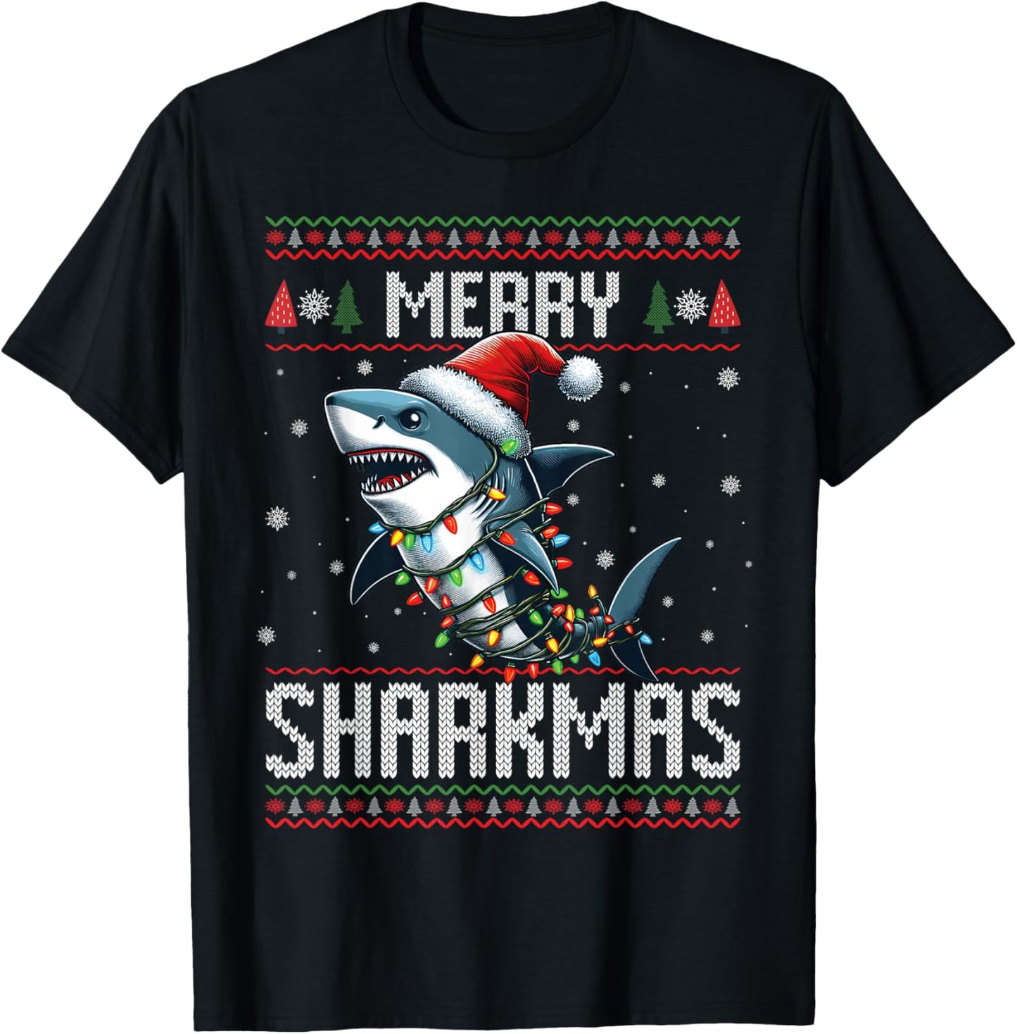 Merry Sharkmas Shark Ugly Christmas Lights Xmas Snowflakes