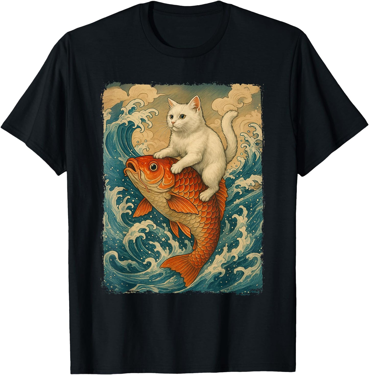 Graphic Tee Men Women Funny Cat Koi Japanese Art Wave