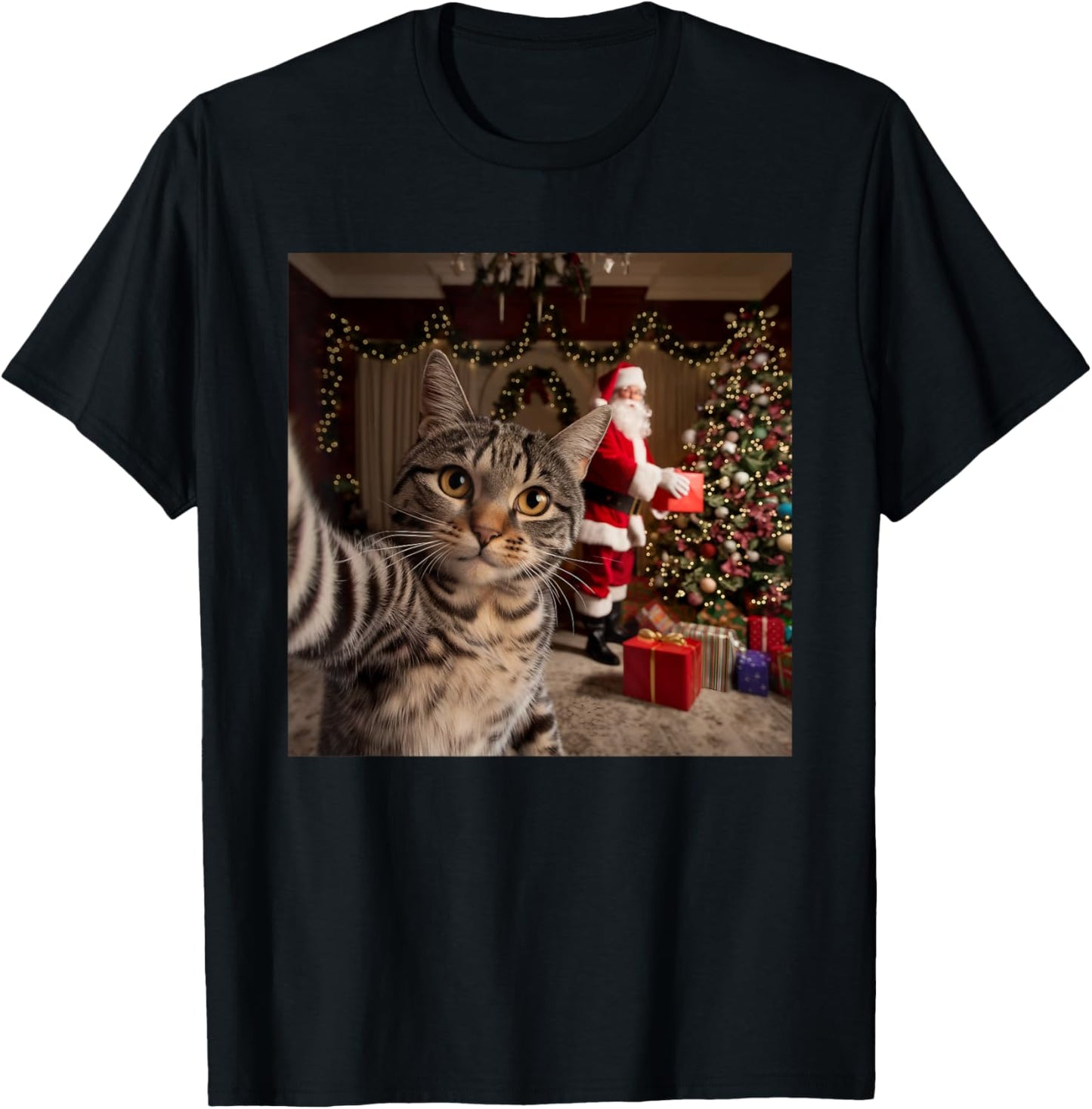 Christmas Cat Selfie with Santa Claus Cute Holiday Photo T-Shirt for Men Women Kids