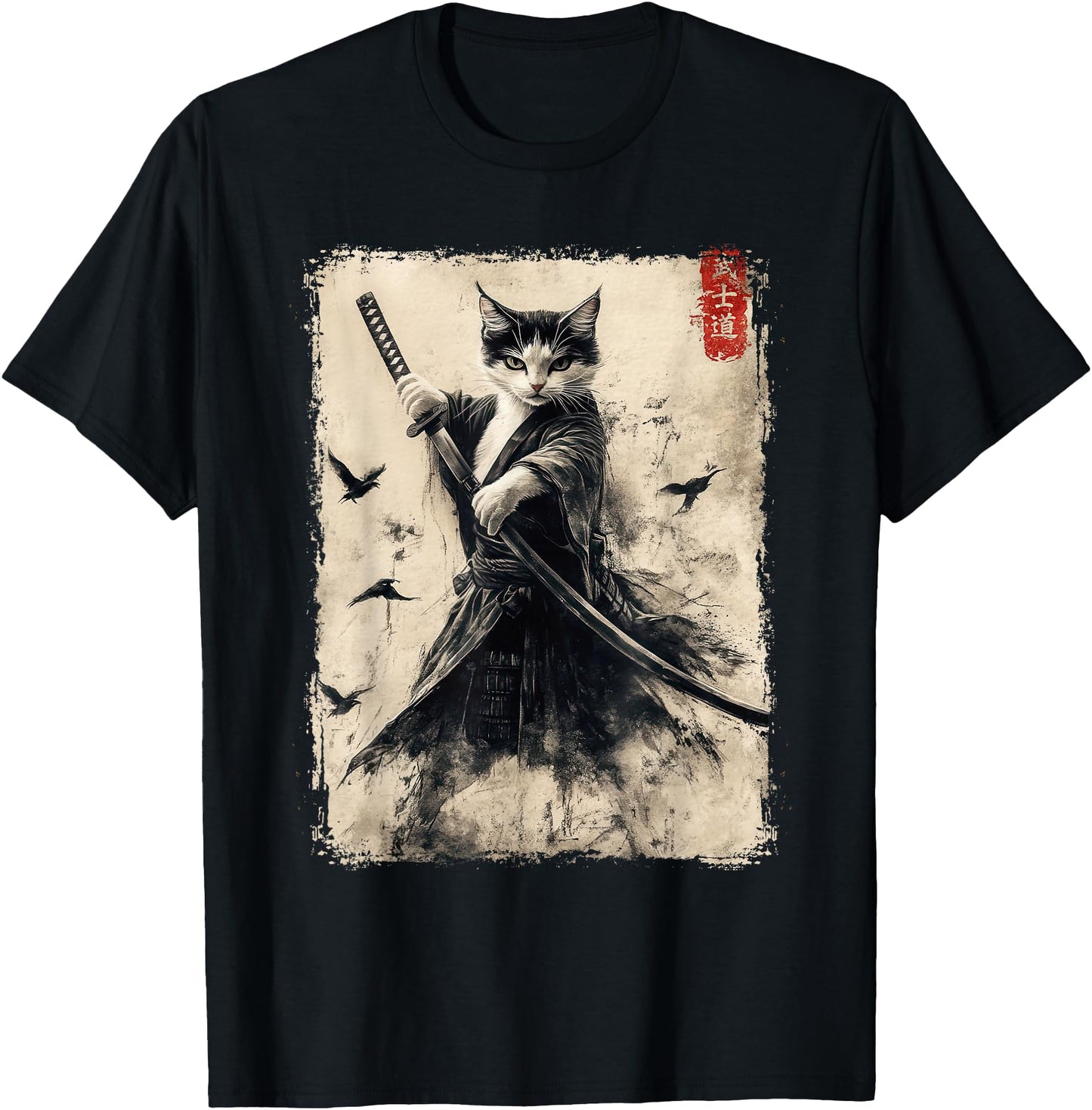 Samurai Cat Graphic Tee Warrior Vintage Japanese Art Anime