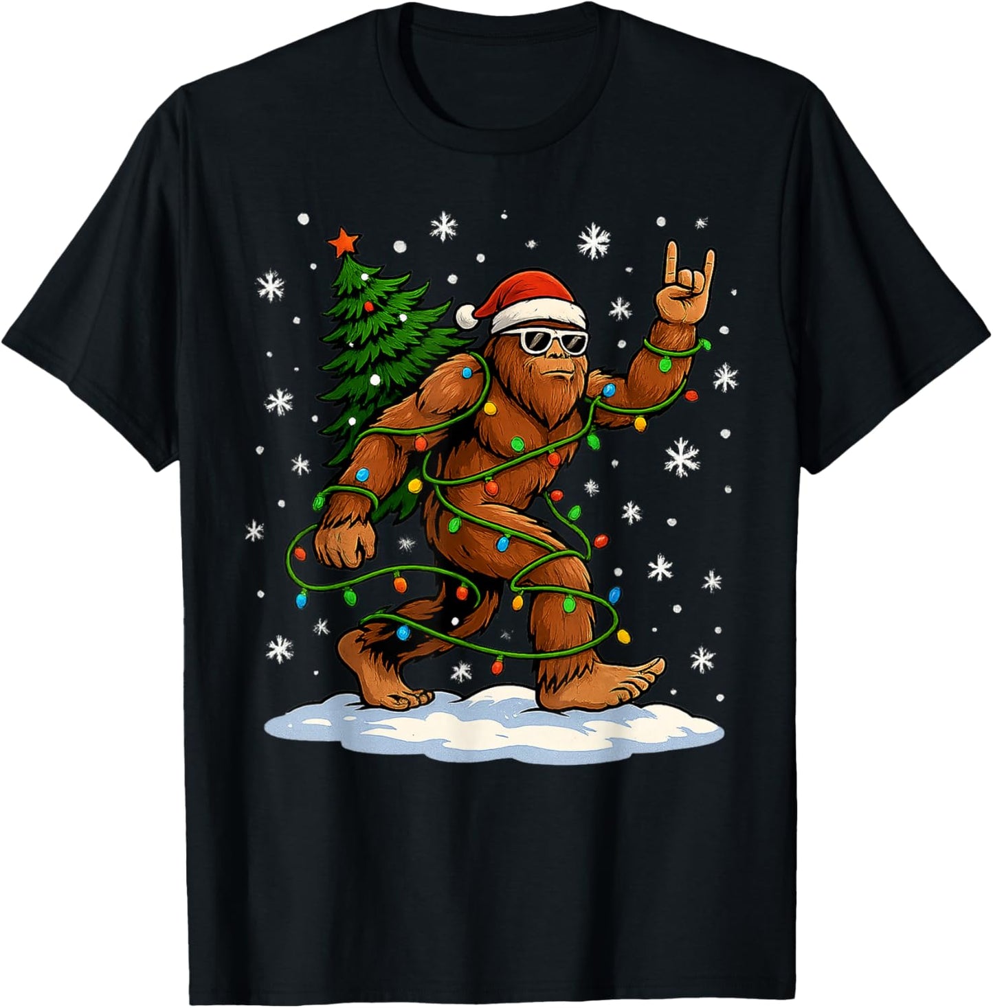 Funny Bigfoot Rock On Christmas Lights Snow Holiday Xmas