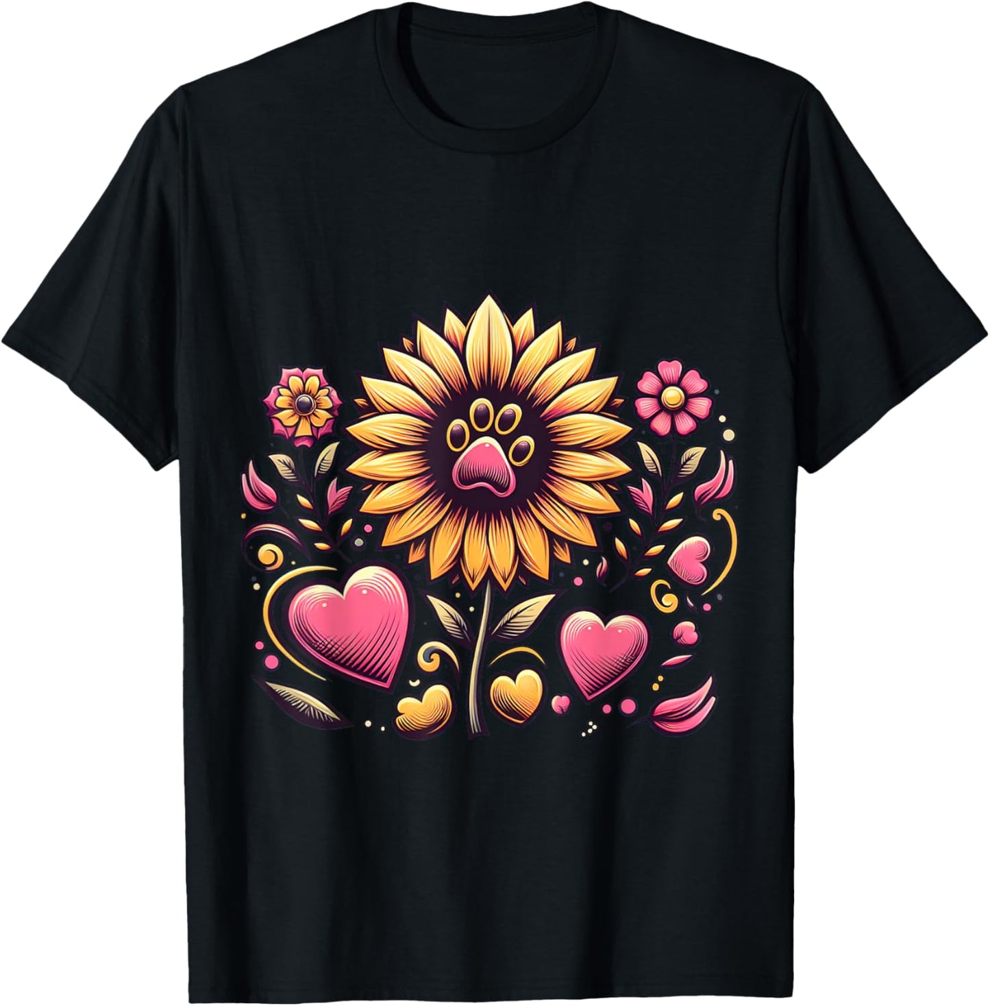Aesthetic Sunflower & Dog Paw Print, Pet & pink flowers Men Women T-Shirt