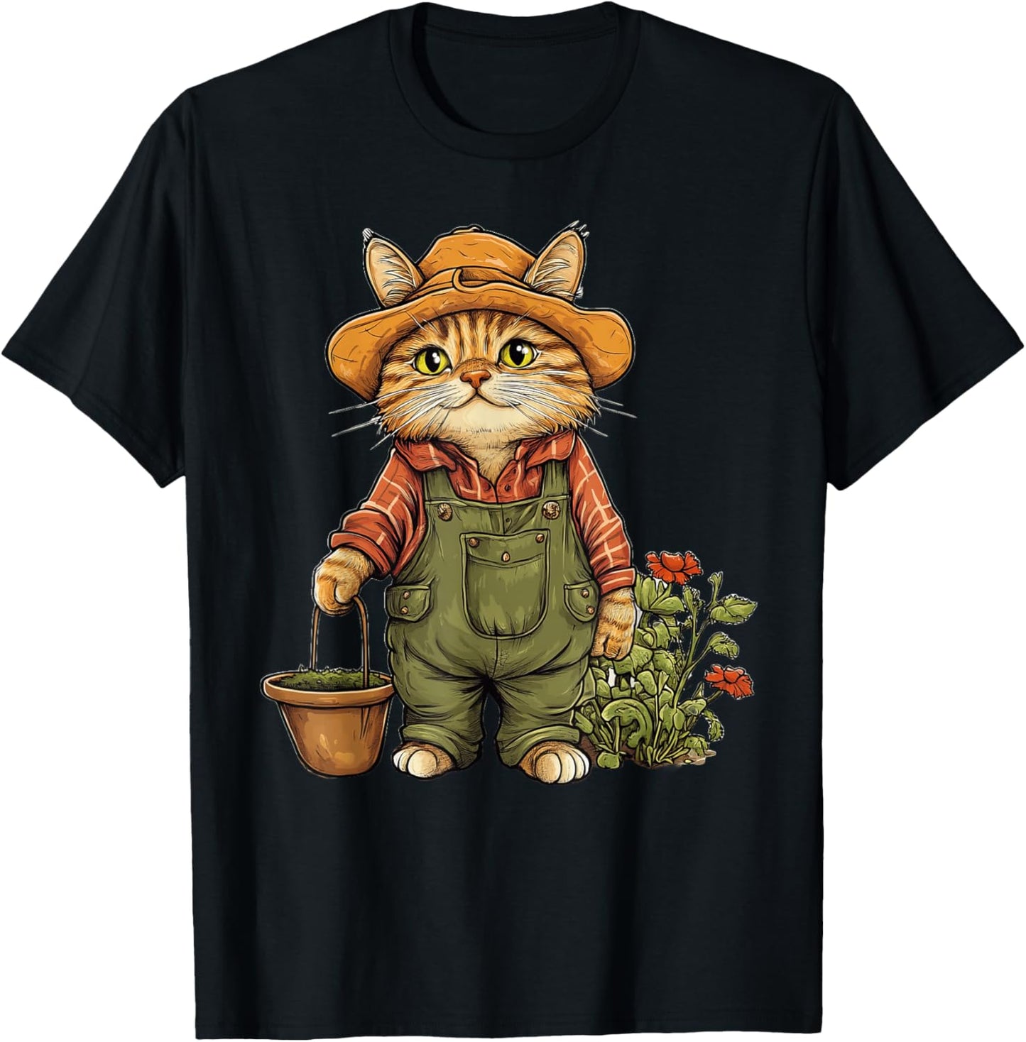 Cat Dressed As A Gardener Funny Cat Lover Gardening T-Shirt