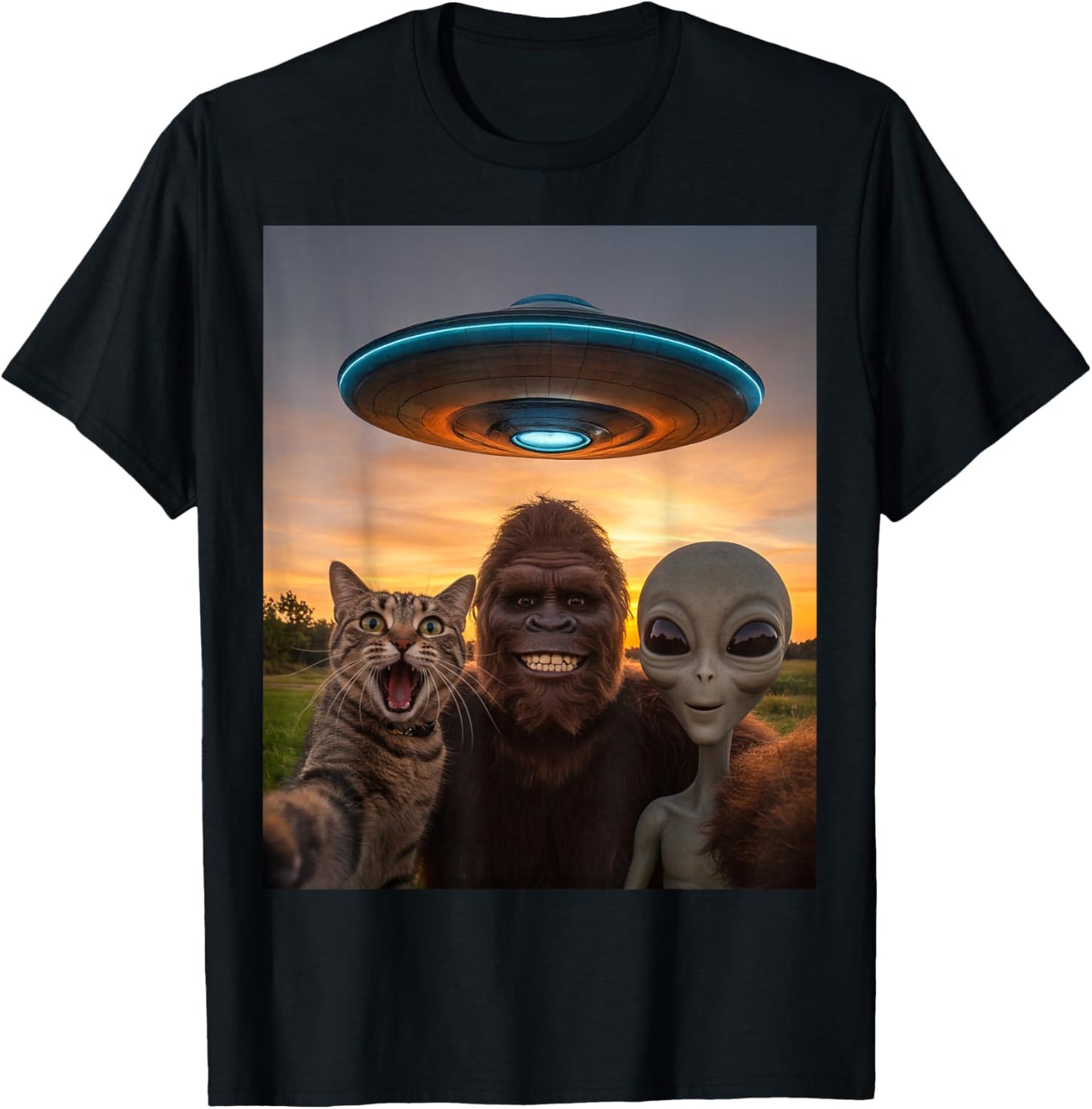 Cat Bigfoot Alien Selfie BFF Funny Photo With UFO