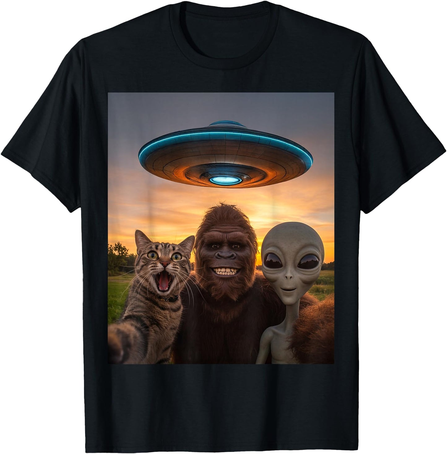 Cat Bigfoot Alien Selfie BFF Funny Photo With UFO