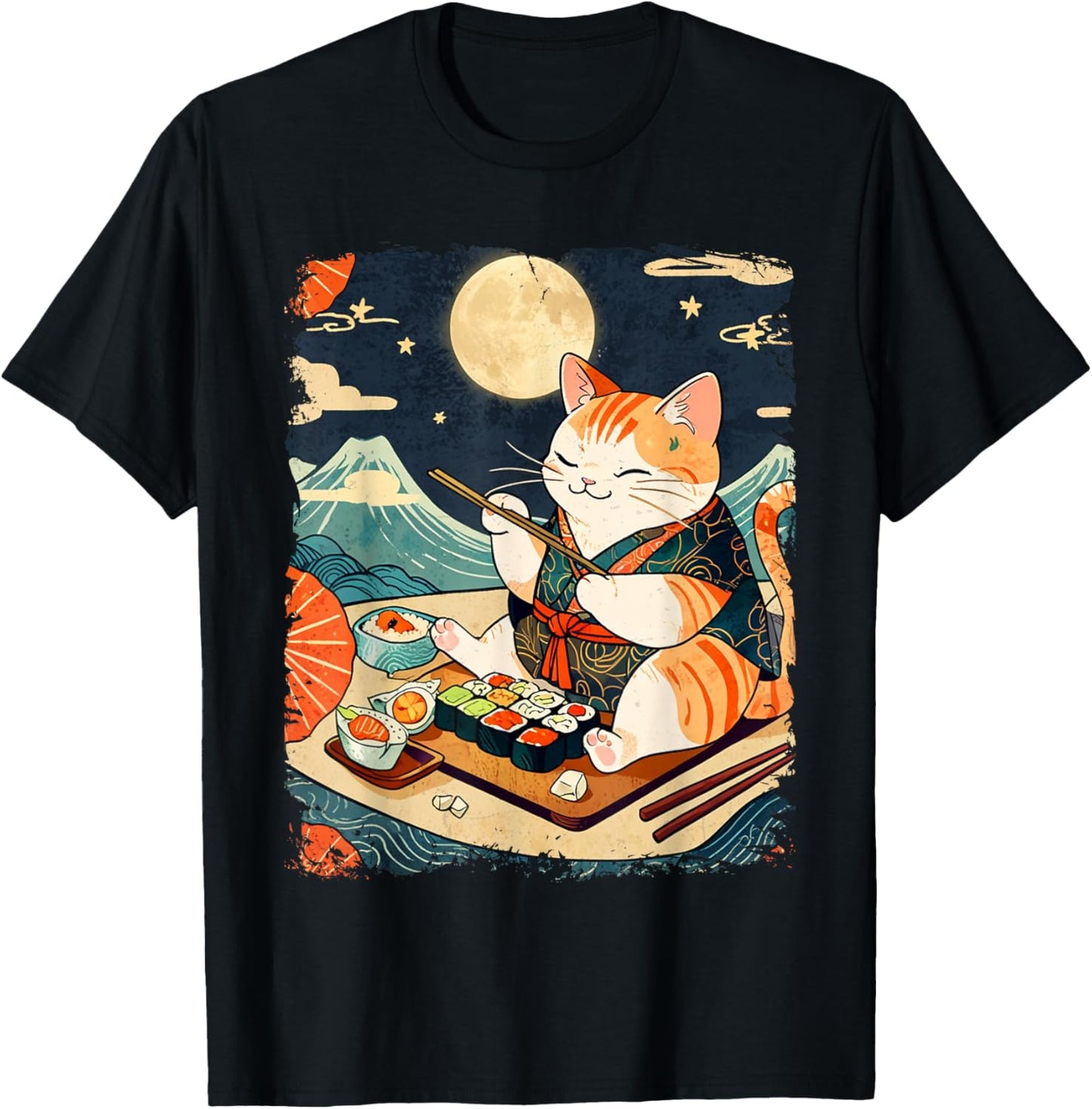 Cat Eating Sushi Japanese Anime Manga Kawaii Cat Ukiyo-e Art