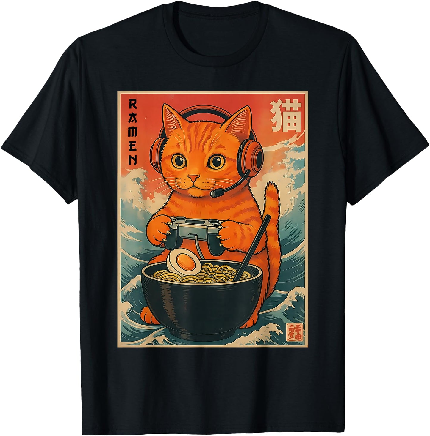 Cute Kawaii Gamer Cat Funny Ramen Retro Japanese Cat Gaming