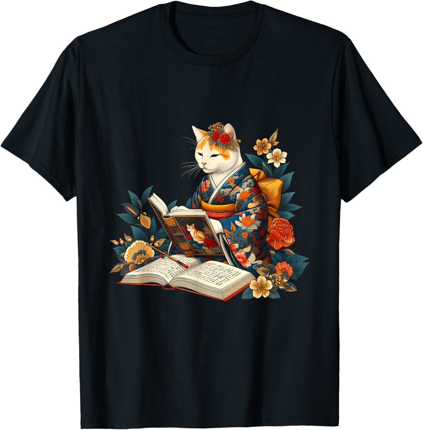 Cat Reading A Book In Traditional Japanese Clothing Kimono