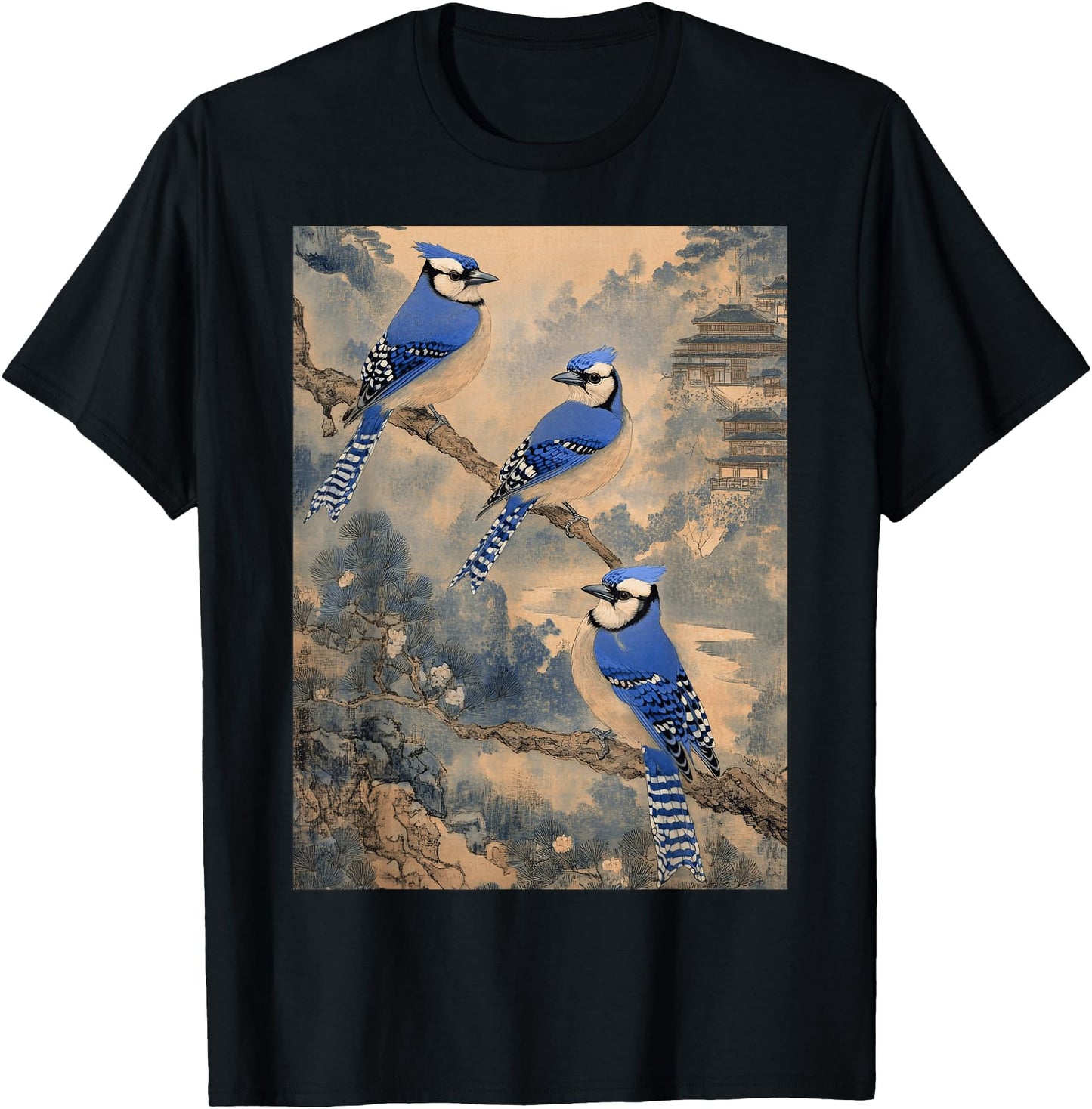 Birdwatching Blue Jay Birds Trees Japanese Woodblock Art